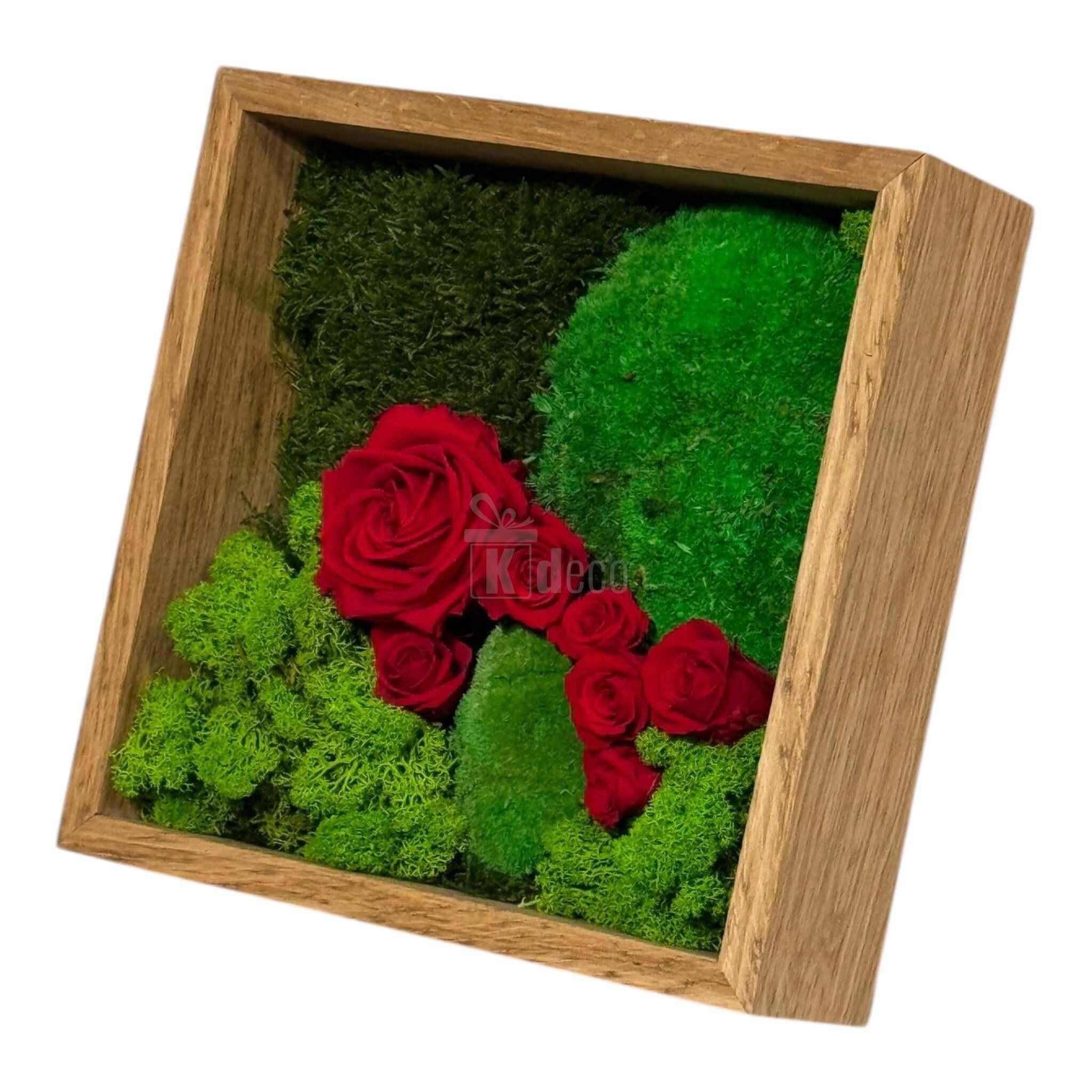 Tablou cu Mușchi, Licheni și Trandafiri Criogenați – Decor Natural și Elegant, 27x27cm - Kdeco.ro