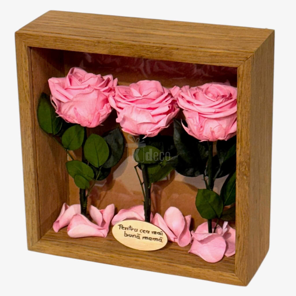 Trandafiri roz criogenați în ramă de lemn, tablou decorativ cu mesaj pentru mama, ideal pentru Home & Garden