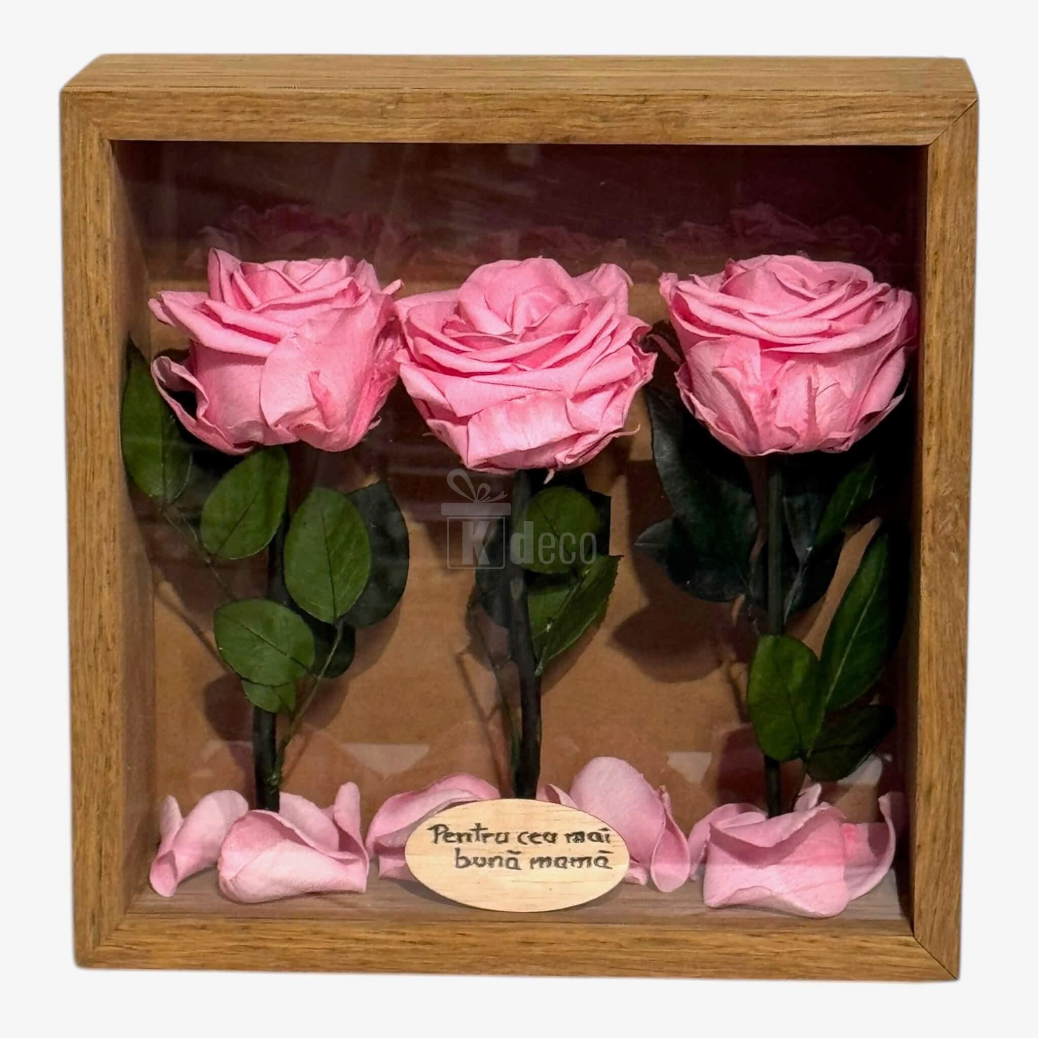 Tablou cu flori criogenate roz și mesaj dedicat mamei, decor de perete elegant pentru casă