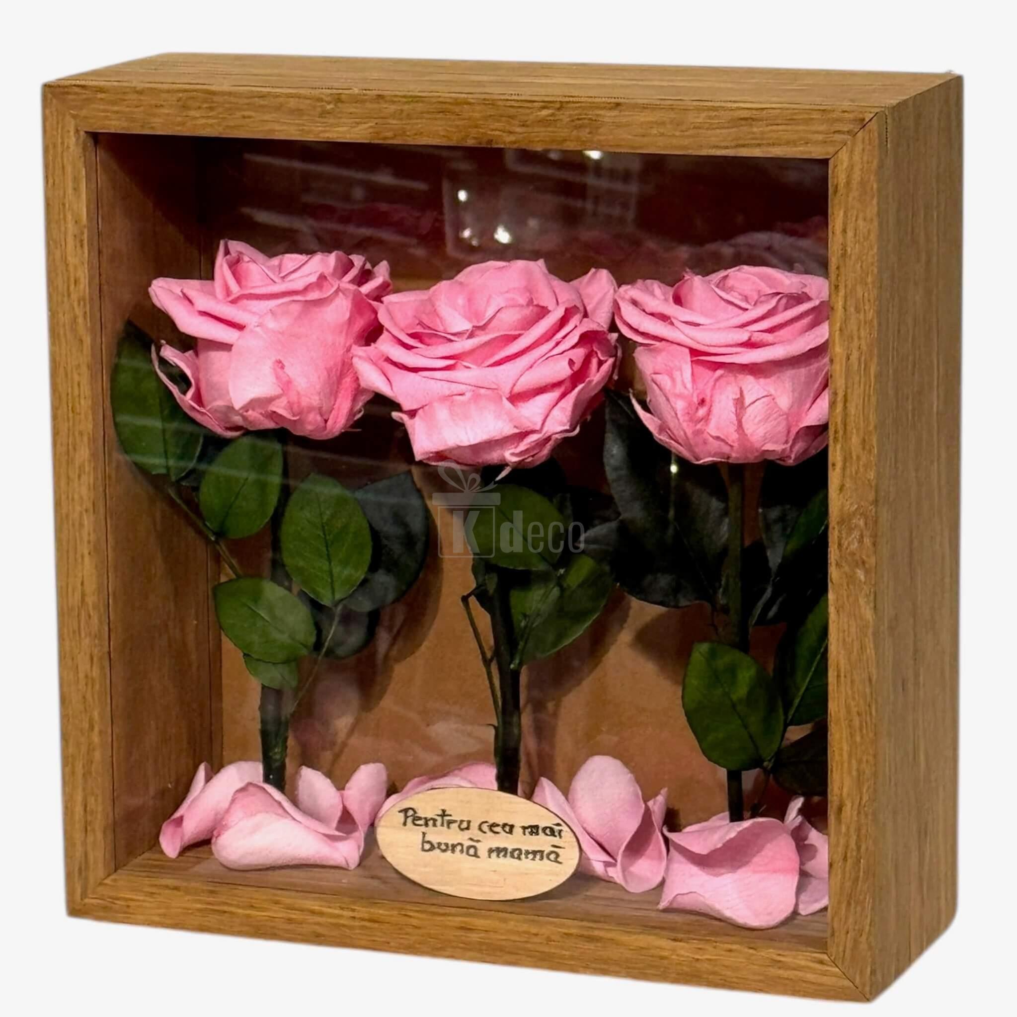 Trandafiri criogenați roz în ramă de lemn, tablou cu mesaj emoționant pentru mama, decor de efect