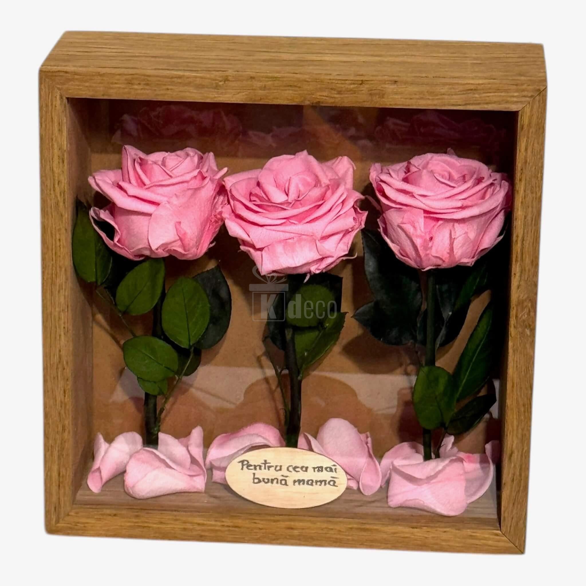 Tablou cu trandafiri criogenați roz și mesaj 'Pentru cea mai bună mamă', decor floral pentru interior