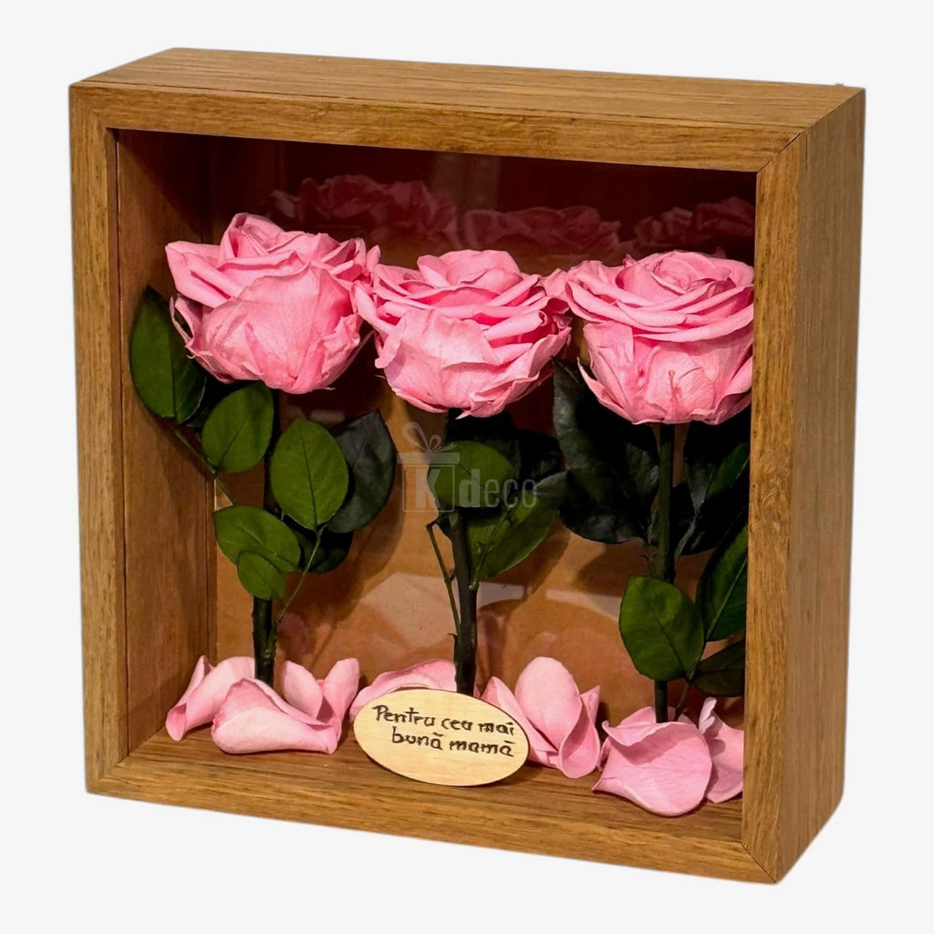 Cadou elegant pentru mama, tablou cu trandafiri criogenați roz în ramă de lemn, decor de perete sau birou