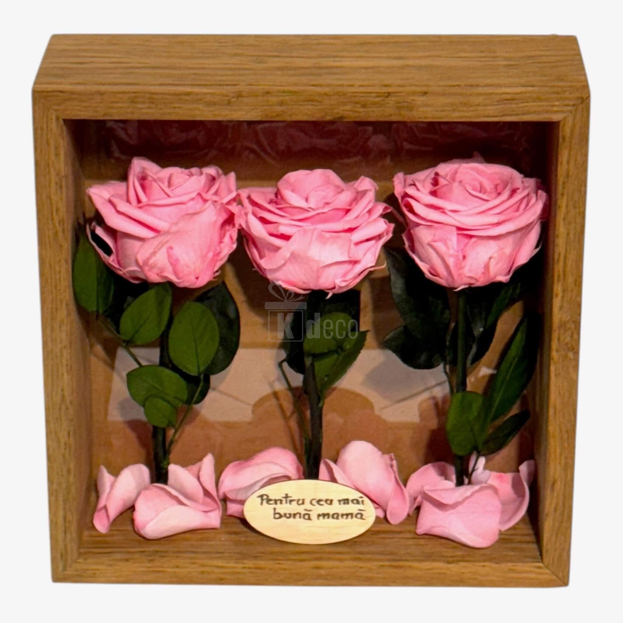 Trandafiri criogenați roz în ramă de lemn 27x27cm, tablou decorativ cu mesaj pentru mama, cadou memorabil