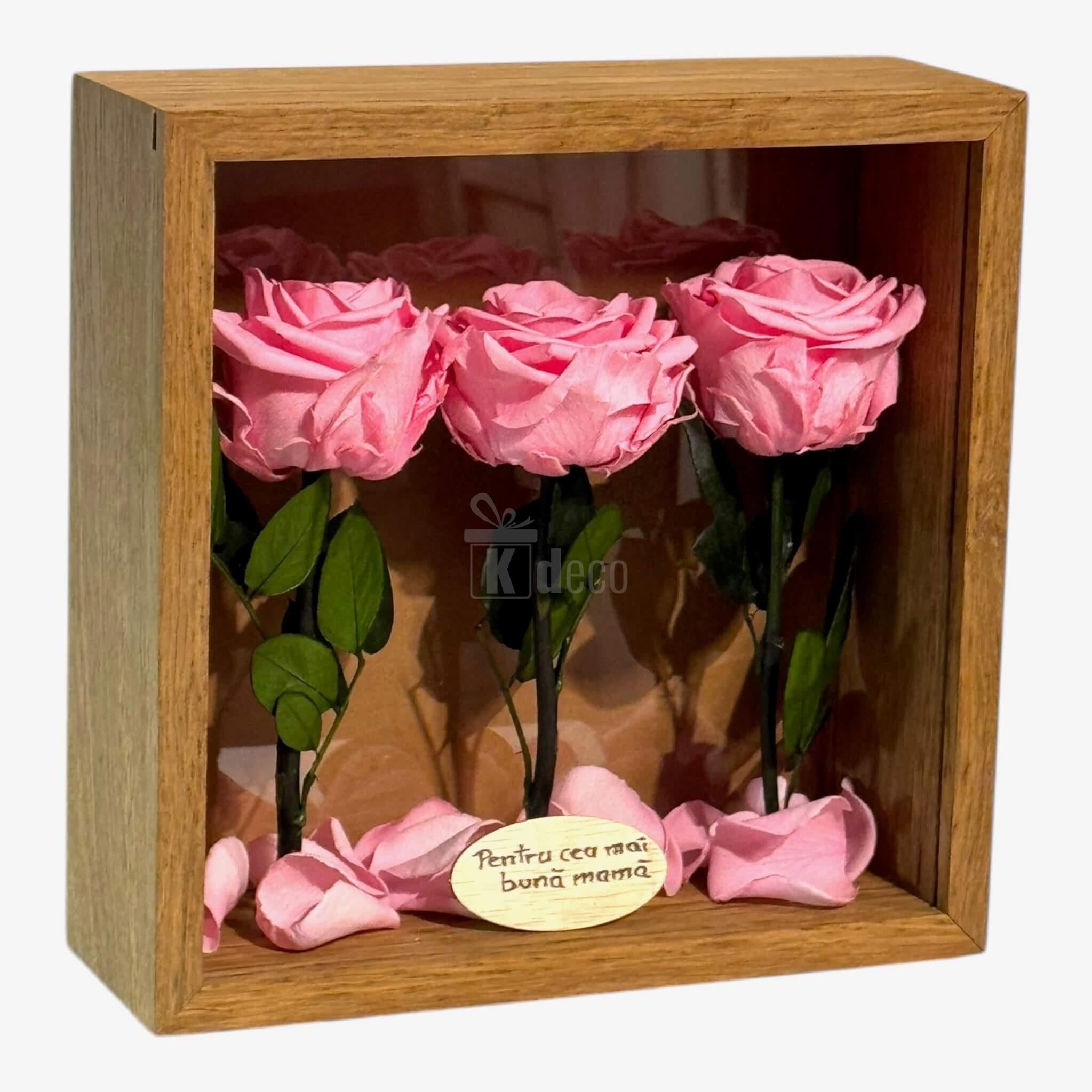 Tablou handmade cu trandafiri criogenați roz și mesaj 'Pentru cea mai bună mamă', decor floral de lux