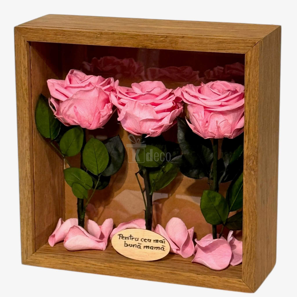 Cadoul perfect pentru mama, tablou cu trandafiri criogenați roz și petale decorative, în ramă elegantă