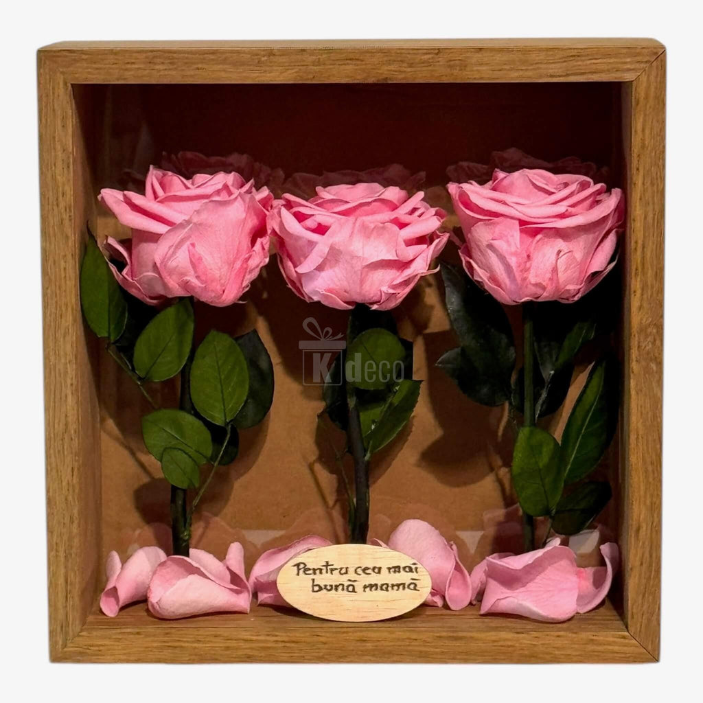Tablou cu Trandafiri Criogenați Roz 27x27cm în ramă din lemn, decor elegant pentru mama, ideal pentru cadouri de suflet