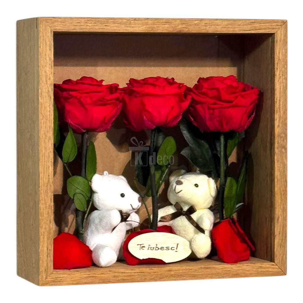 Decor romantic cu flori criogenate și ursuleți în ramă de lemn, Tablou Elegant 27x27cm pentru cadouri de Valentine’s Day sau aniversări