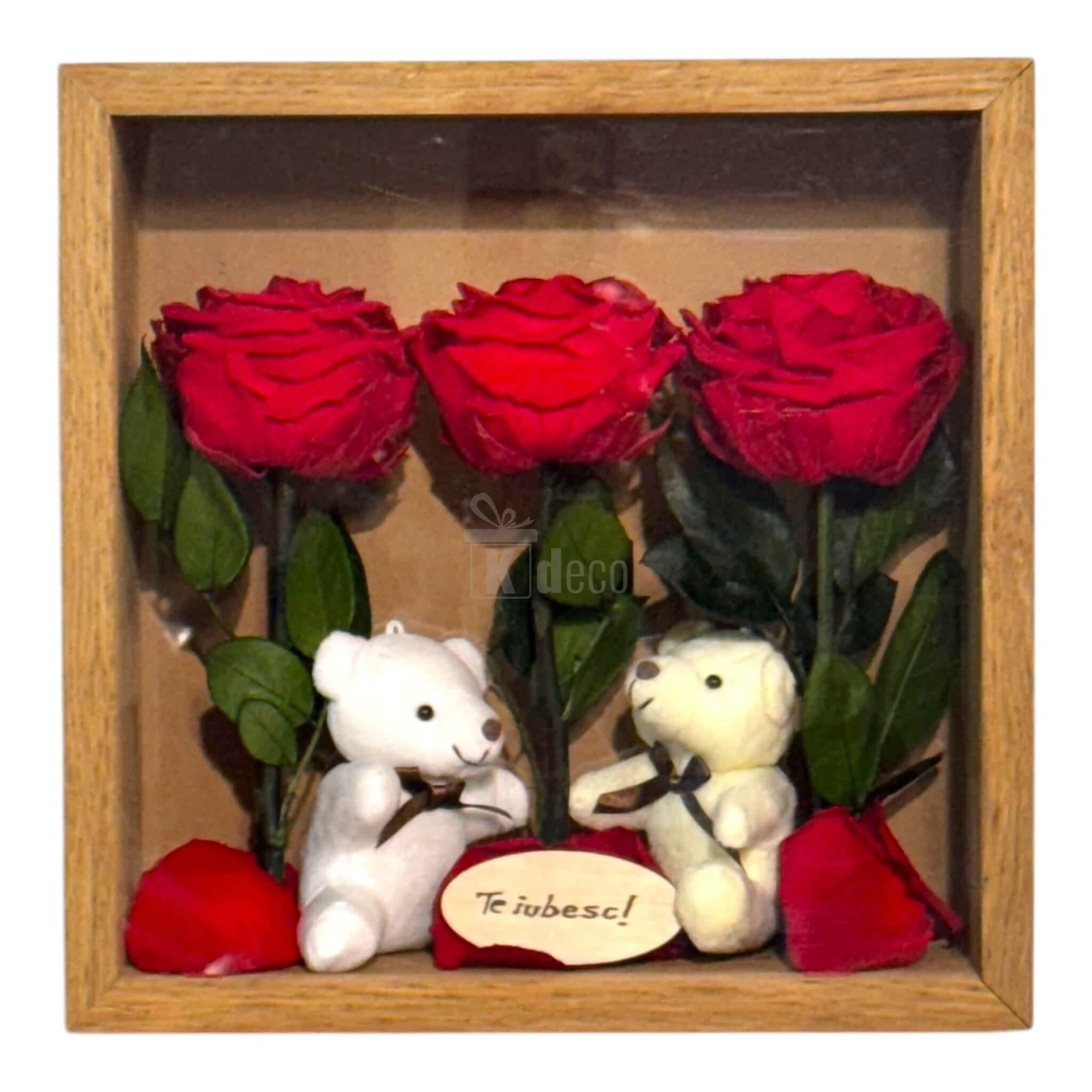 Tablou cu trandafiri criogenați roșii și ursuleți de plus, mesaj 'Te iubesc', cadou emoționant pentru decor interior și exprimarea iubirii