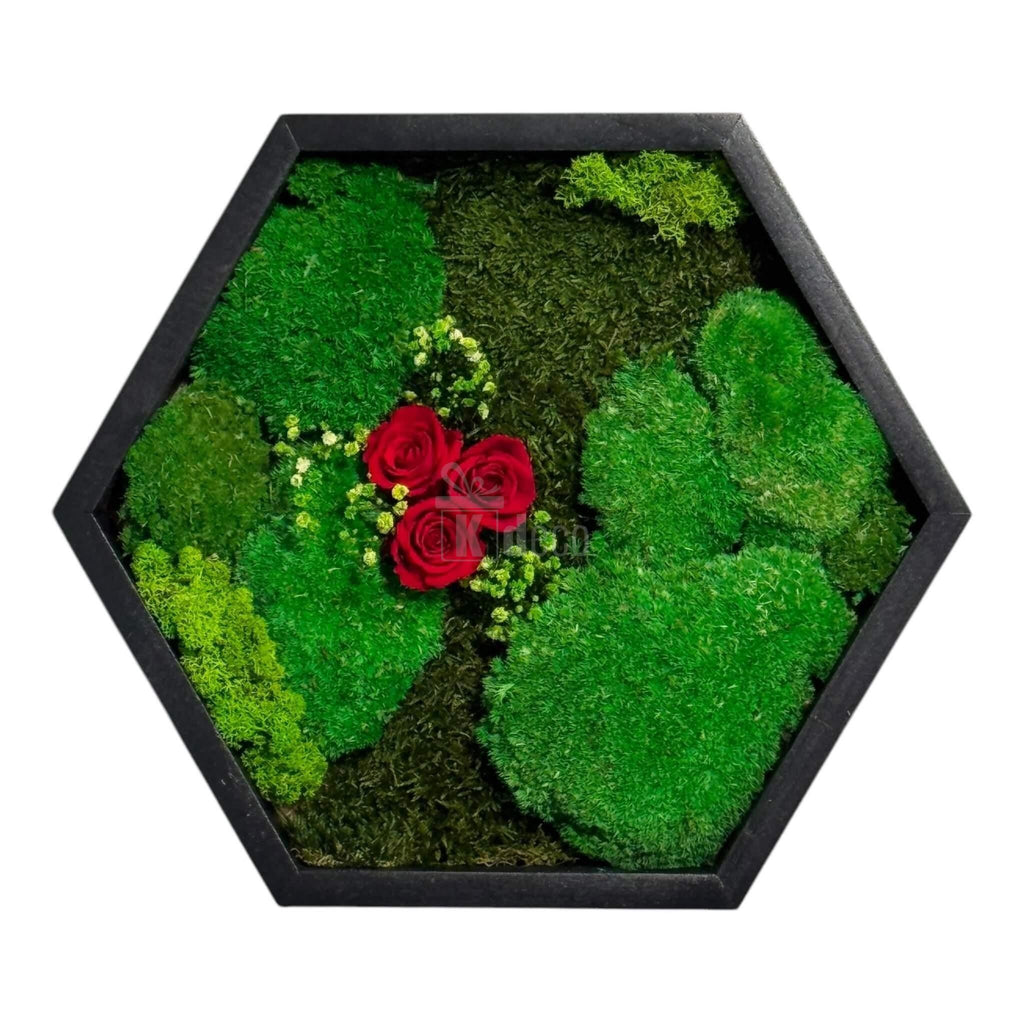 Element de decor natural cu licheni și trandafiri criogenați roșii, în ramă hexagonală de 35 cm, potrivit pentru living sau birou.