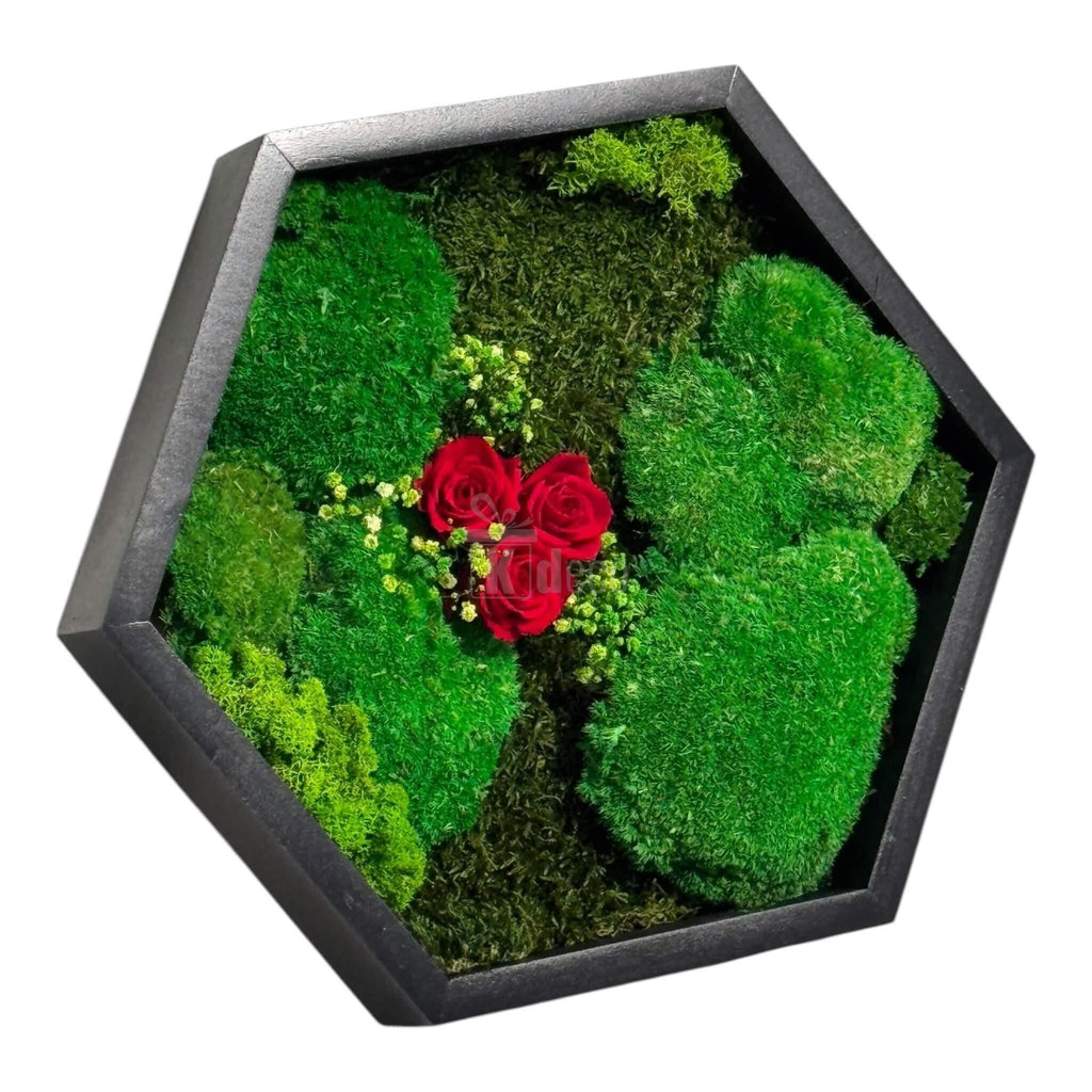 Tablou Hexagonal cu Mușchi și Trandafiri Criogenați Roșii, decor eco premium pentru interior, fără întreținere, 35 cm diametru.