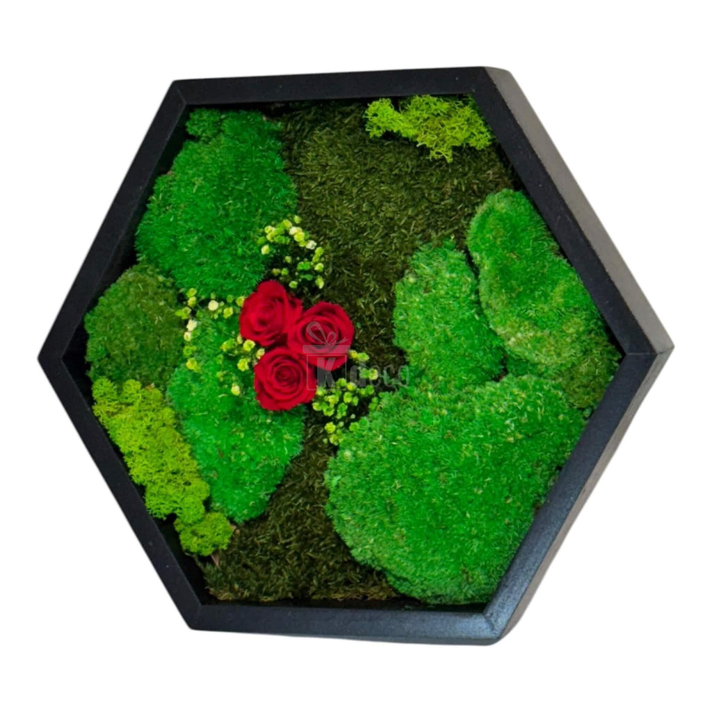 Decor floral de perete cu mușchi stabilizat și trandafiri criogenați roșii, în ramă hexagonală, ideal pentru cadouri elegante.