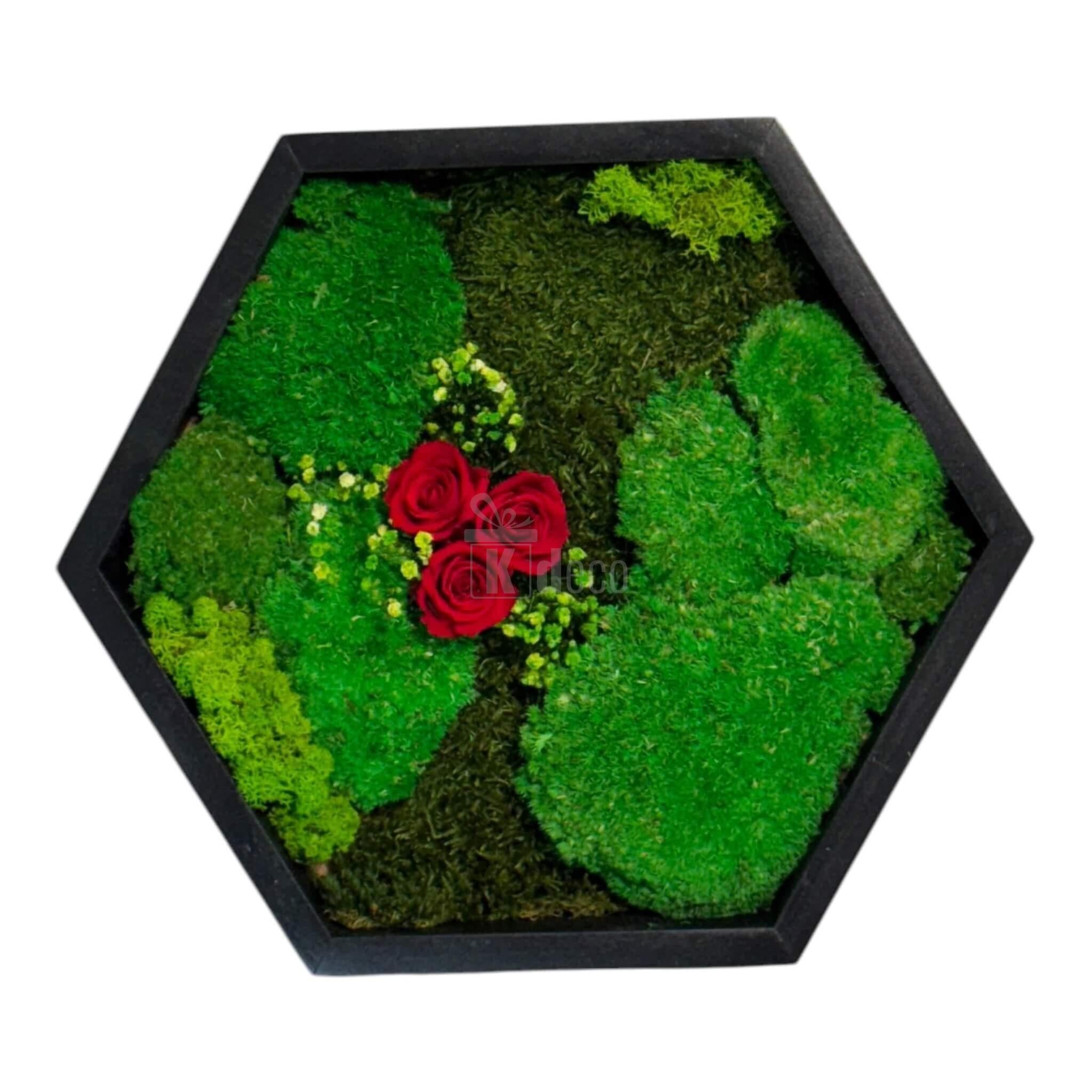 Tablou hexagonal cu mușchi și trandafiri criogenați roșii, decor natural pentru casă, fără întreținere, diametru 35 cm.