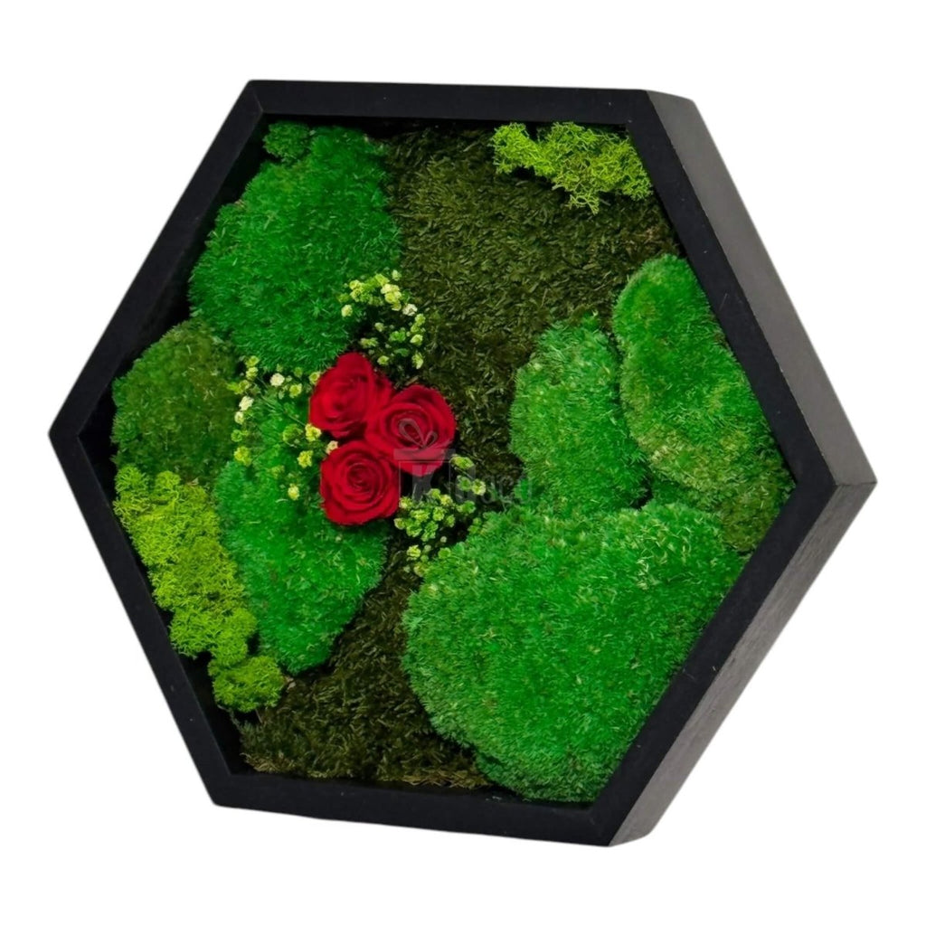 Tablou decorativ hexagonal cu mușchi verde și trandafiri criogenați roșii, diametru 35 cm, perfect pentru decorarea casei.