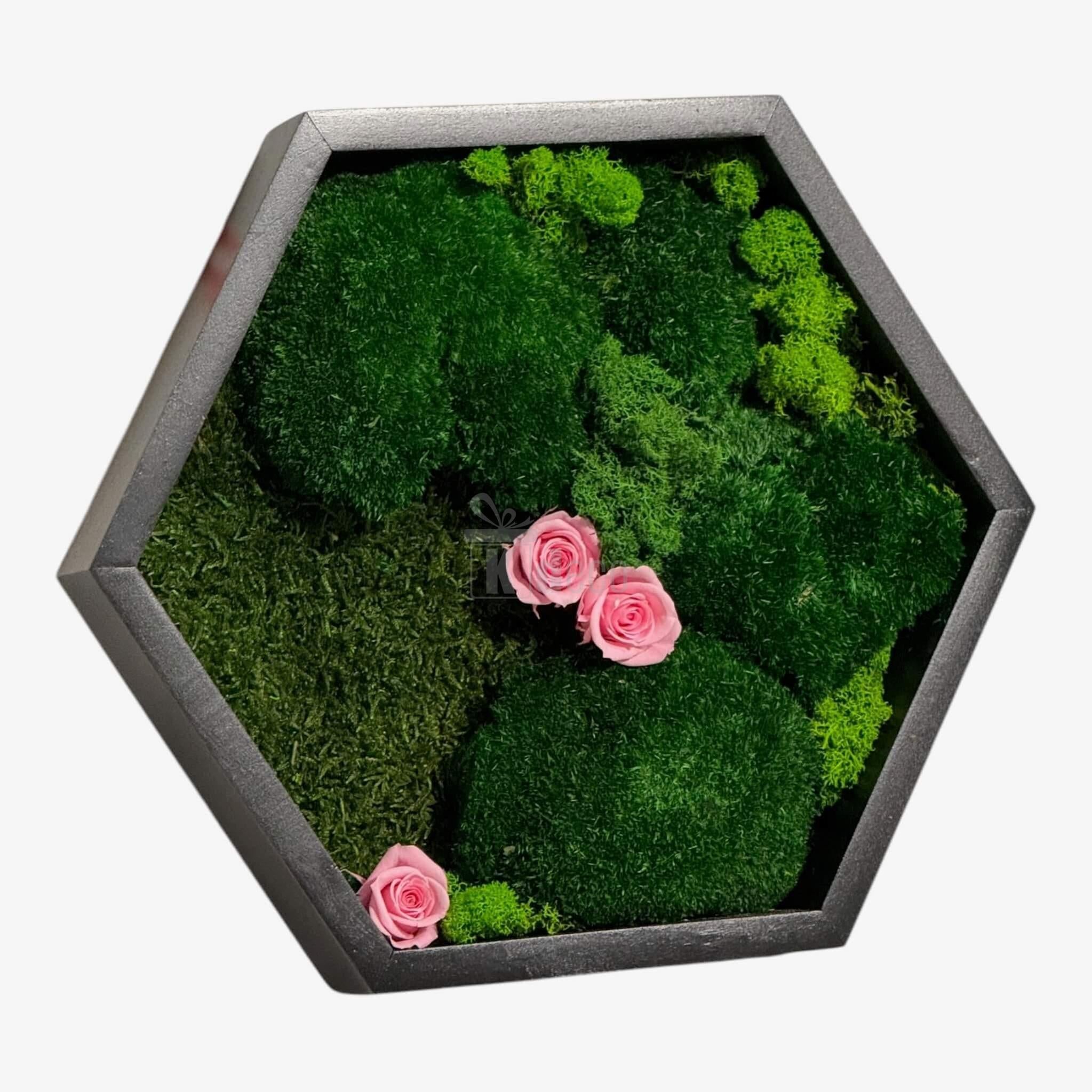 Tablou Hexagonal cu Mușchi, Licheni și Trandafiri Criogenați Roz – Natură și Eleganță, 35cm - Kdeco.ro