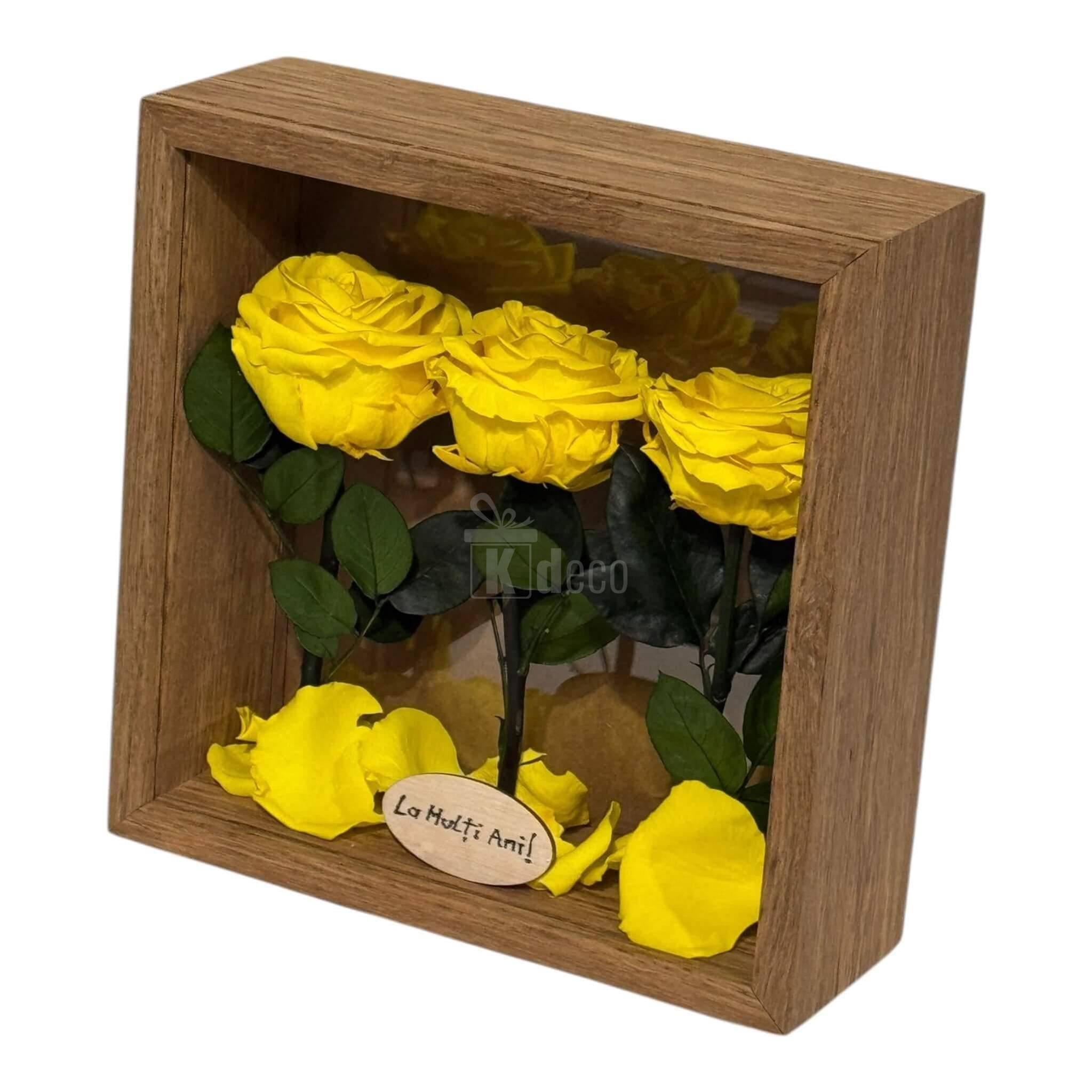 Tablou Natural cu trandafiri criogenați galbeni premium, decor floral artistic pentru casă, birou sau evenimente speciale.