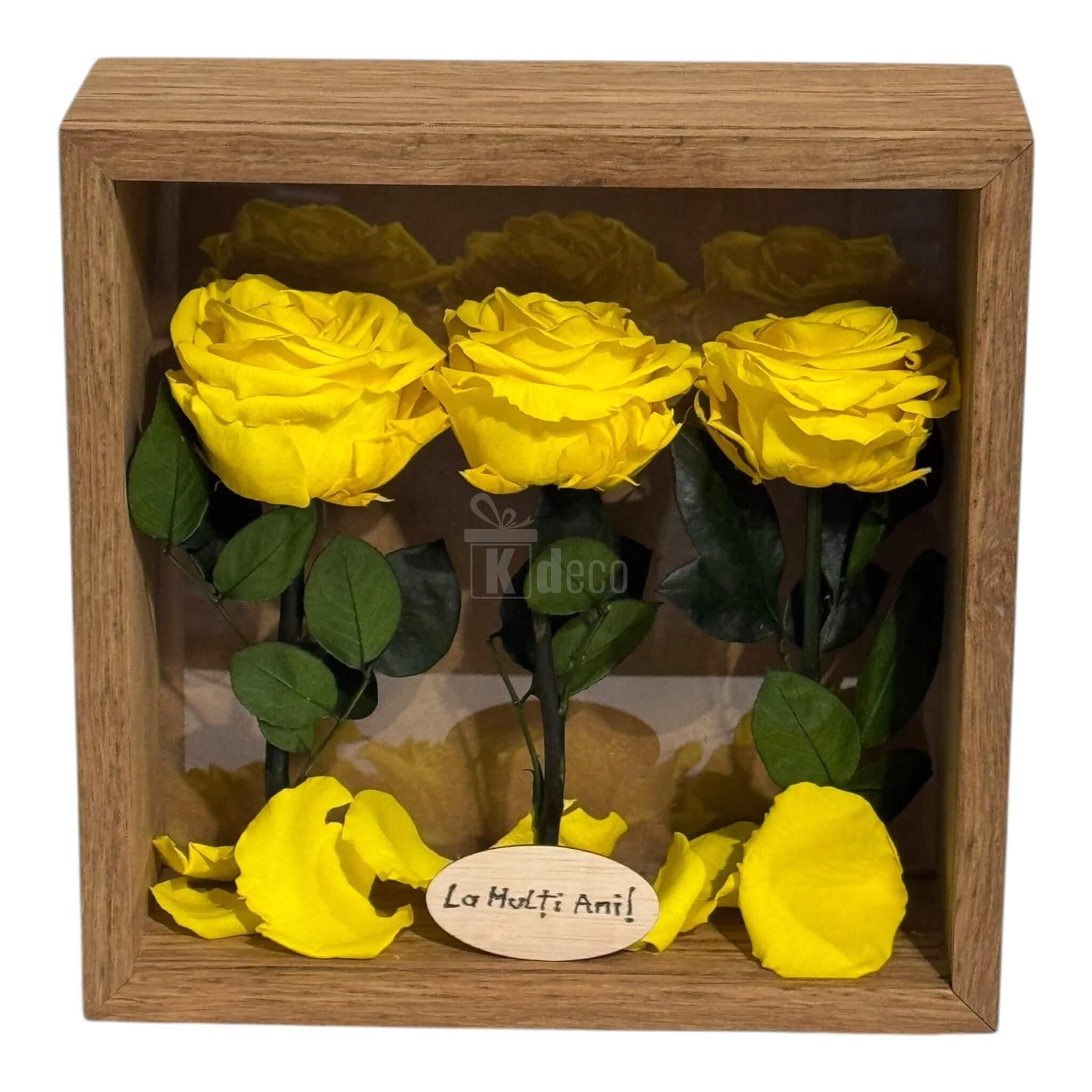 Tablou decorativ 27x27 cm cu 3 trandafiri criogenați galbeni premium, cadou elegant cu mesaj 'La Mulți Ani'.