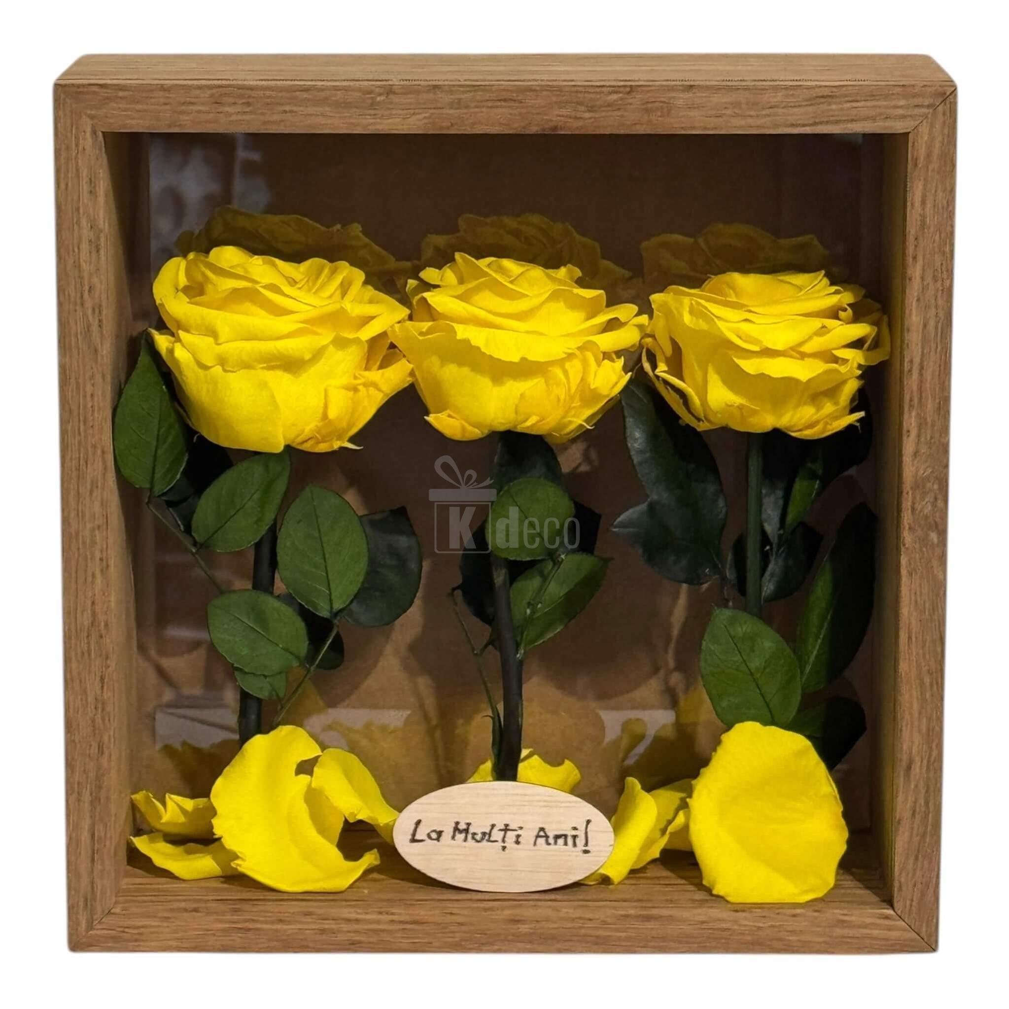 Tablou decorativ 27x27 cm cu 3 trandafiri criogenați galbeni premium, perfect pentru cadouri și decor elegant în locuință.