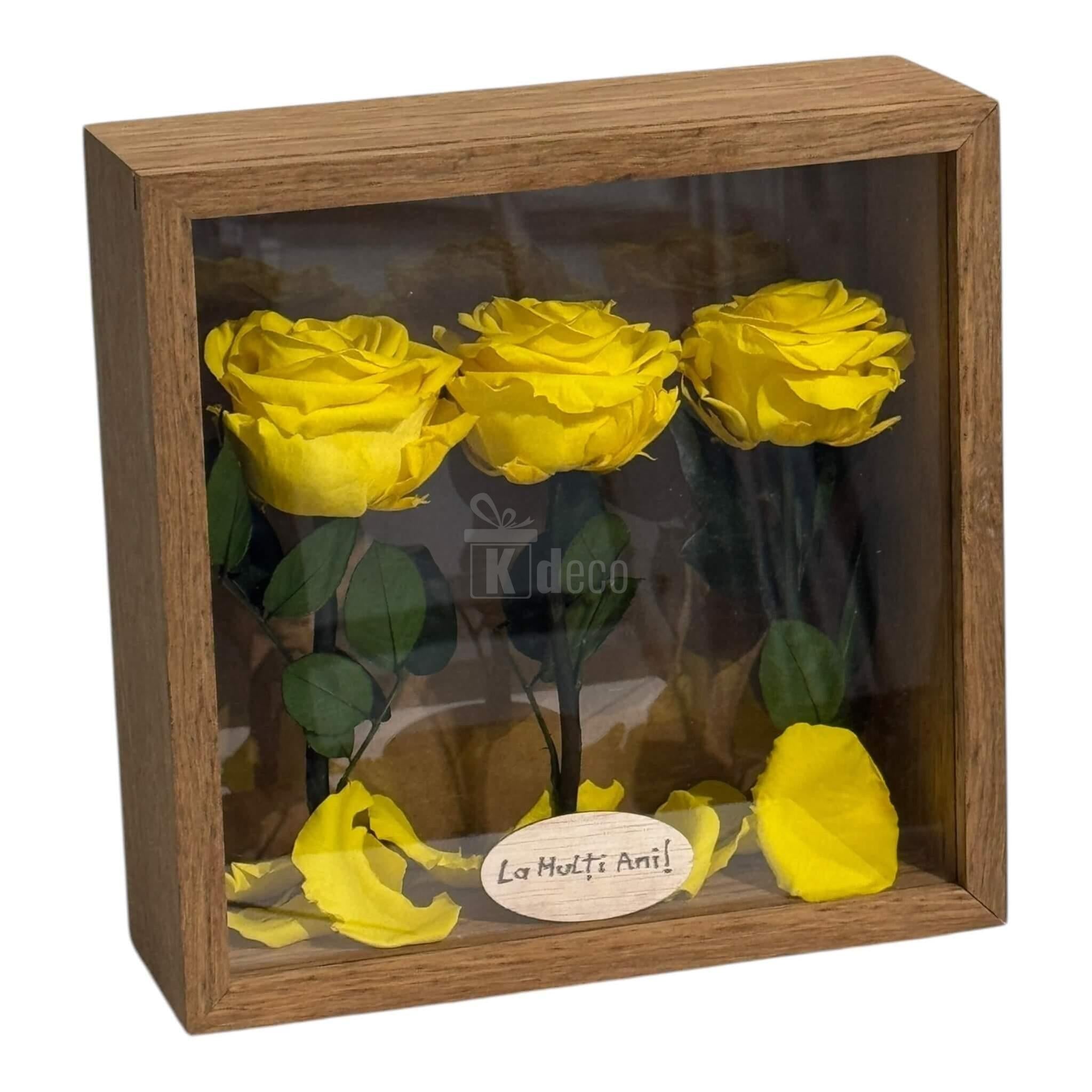 Tablou Natural cu 3 trandafiri criogenați galbeni în ramă pătrată, decor premium pentru casă, birou sau cadou aniversar.