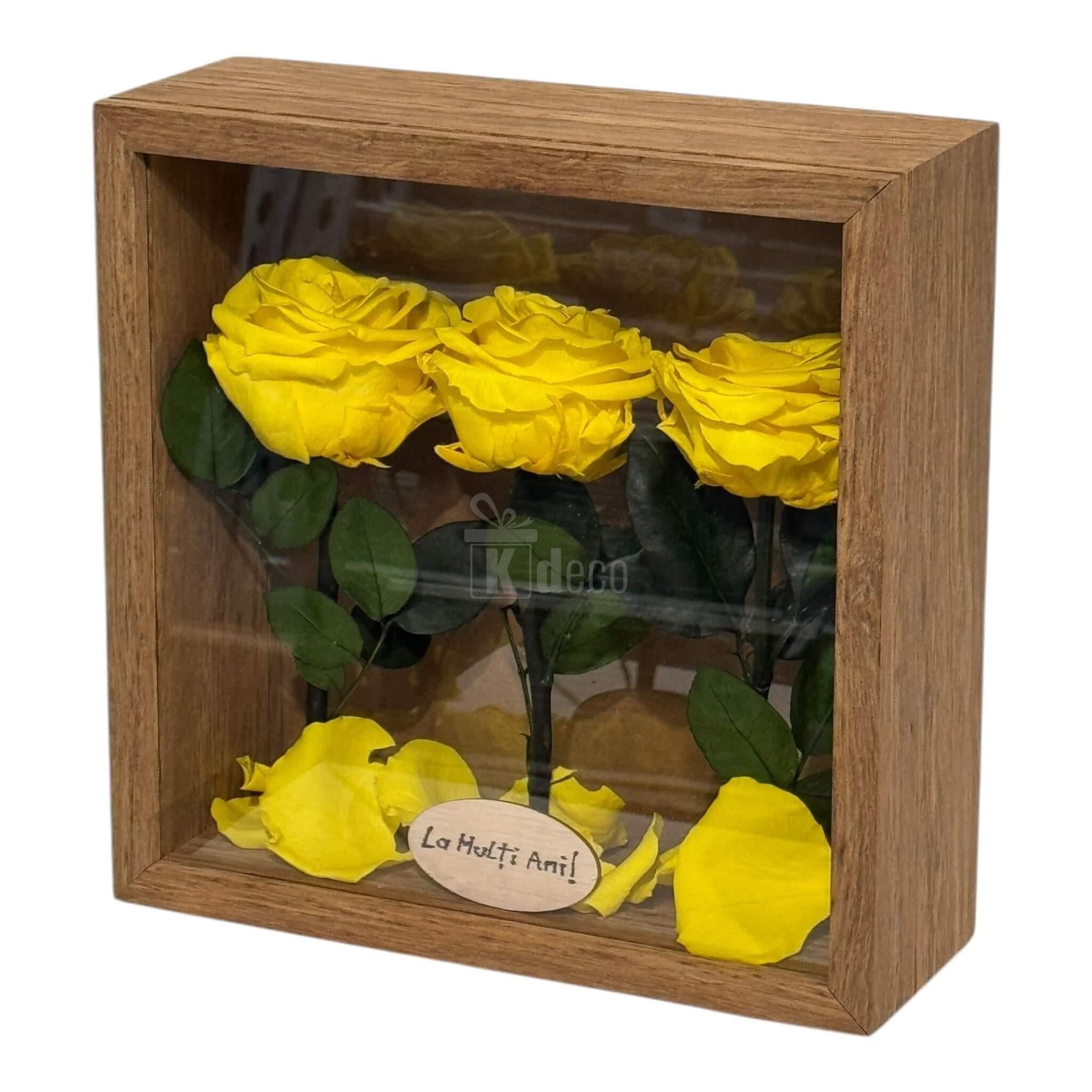 Tablou decorativ 27x27 cm cu 3 trandafiri criogenați galbeni, design elegant cu ramă din lemn și mesaj personalizat.