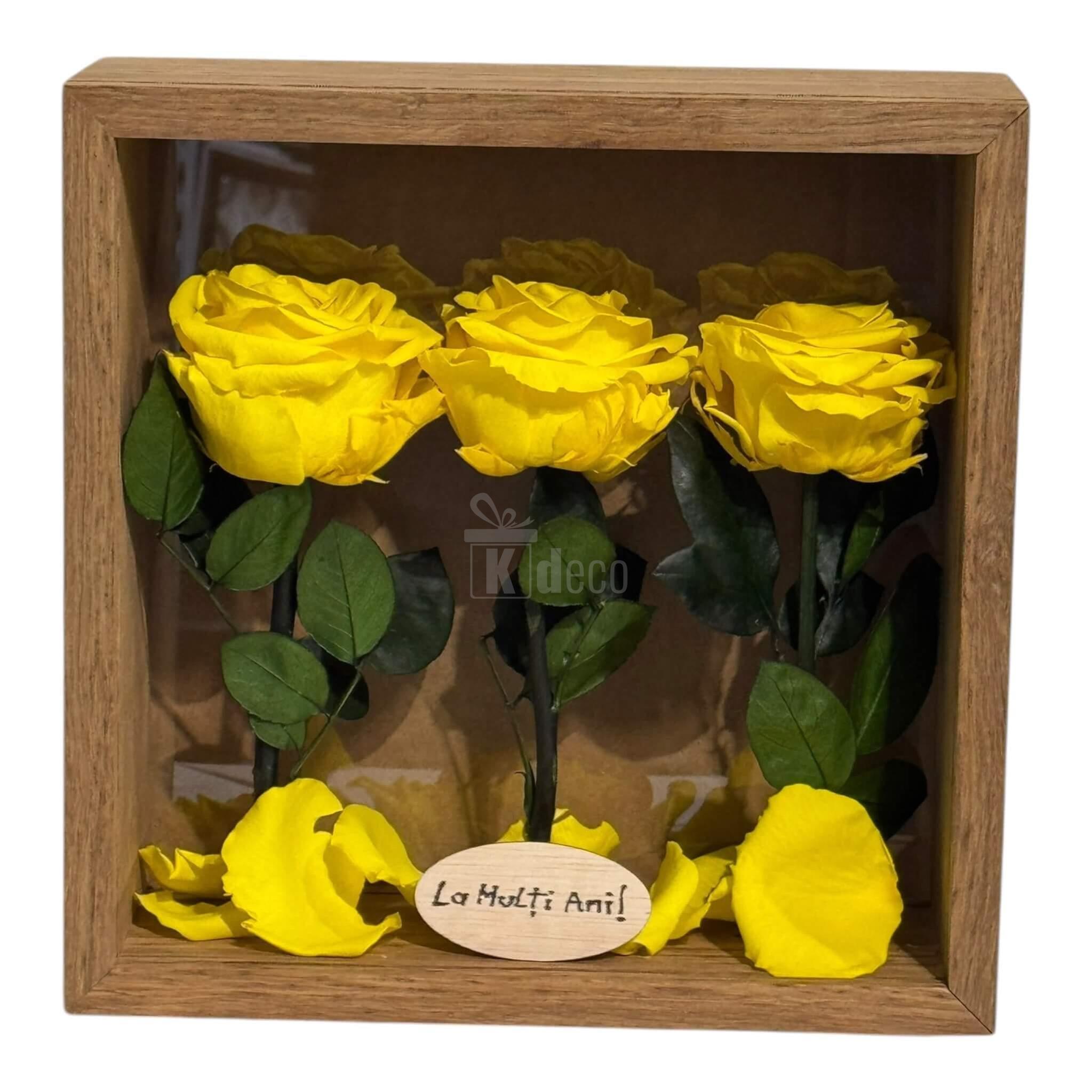 Tablou Natural cu trandafiri criogenați galbeni premium, decor floral de lux pentru interior, ideal pentru cadouri festive.