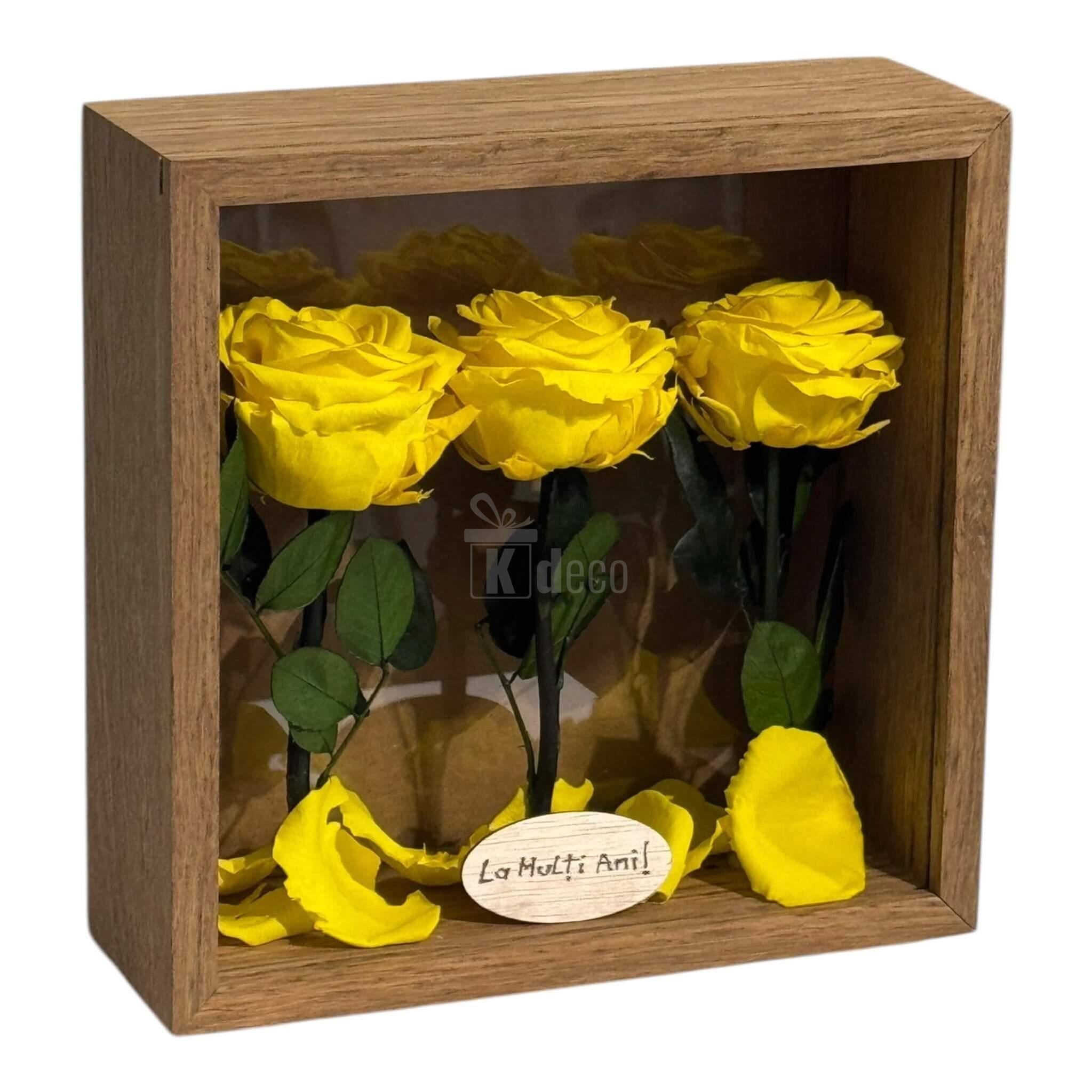 Tablou 27x27 cm cu 3 trandafiri criogenați galbeni, decor elegant cu ramă din lemn, perfect pentru Home & Garden.