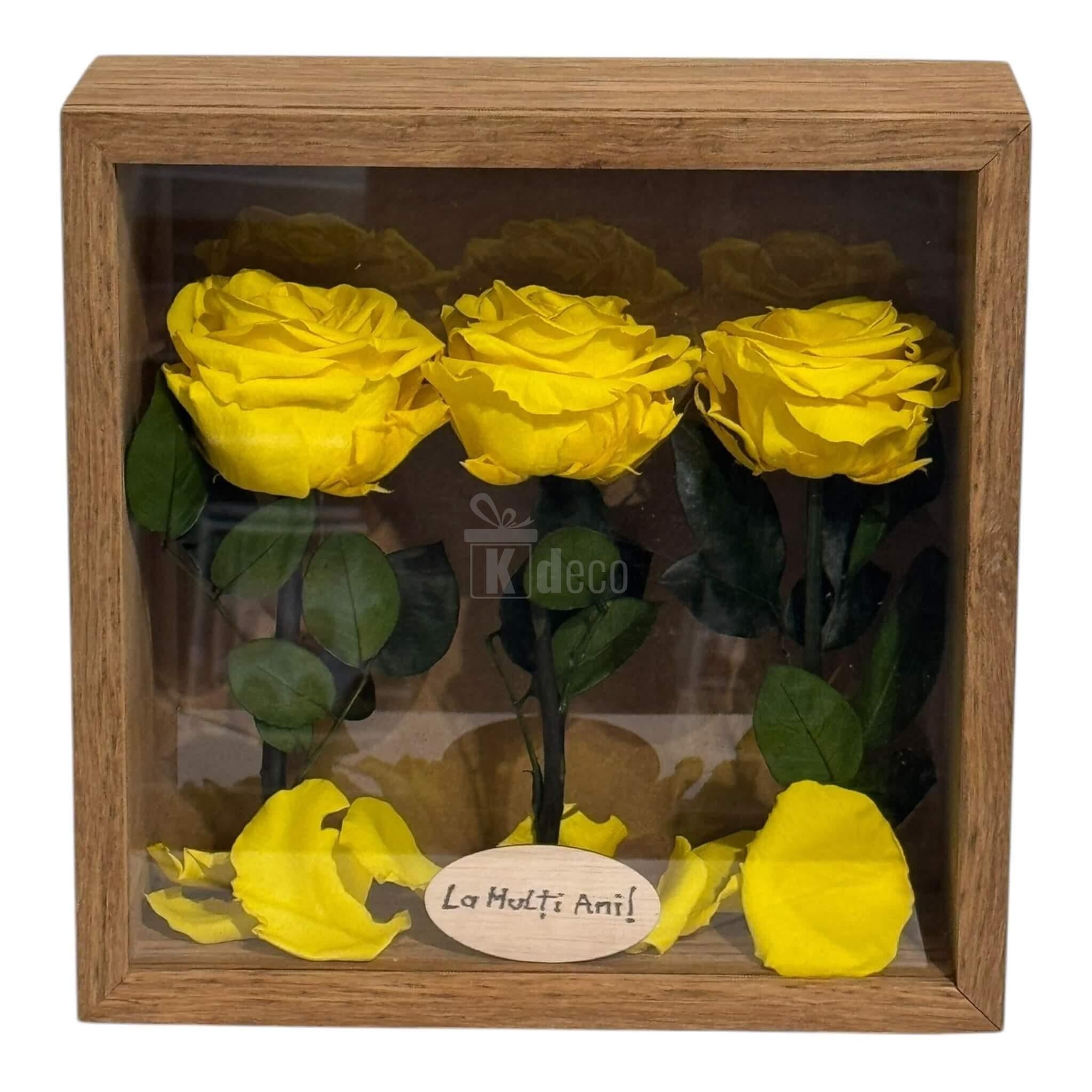 Tablou Natural 27x27 cm cu 3 Trandafiri Criogenați Galbeni Premium în ramă din lemn, decor floral elegant pentru casă sau cadou aniversar.