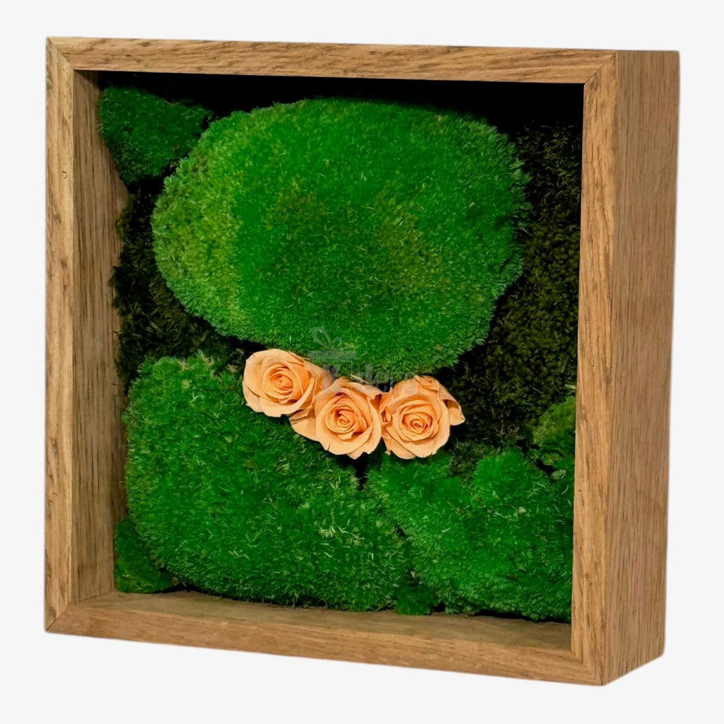 Decor natural de perete cu mușchi stabilizat și trandafiri criogenați piersică, în format pătrat 27x27 cm, ideal pentru living sau birou
