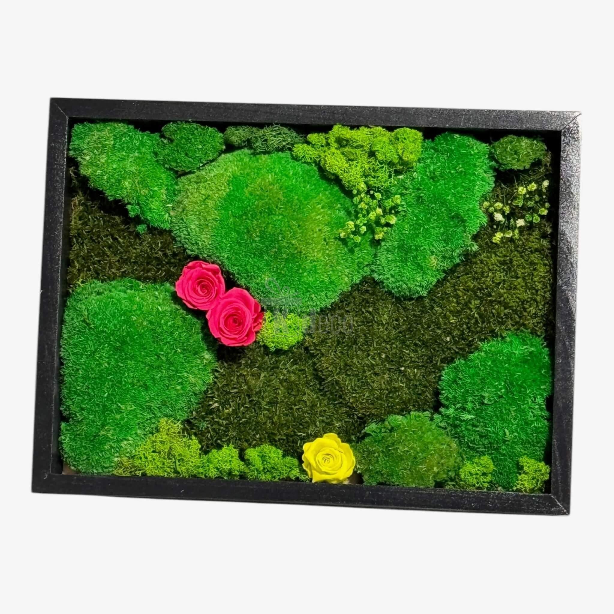 Tablou Natural cu mușchi, licheni și 3 trandafiri criogenați, oferă un decor verde și vibrant pentru orice cameră modernă.