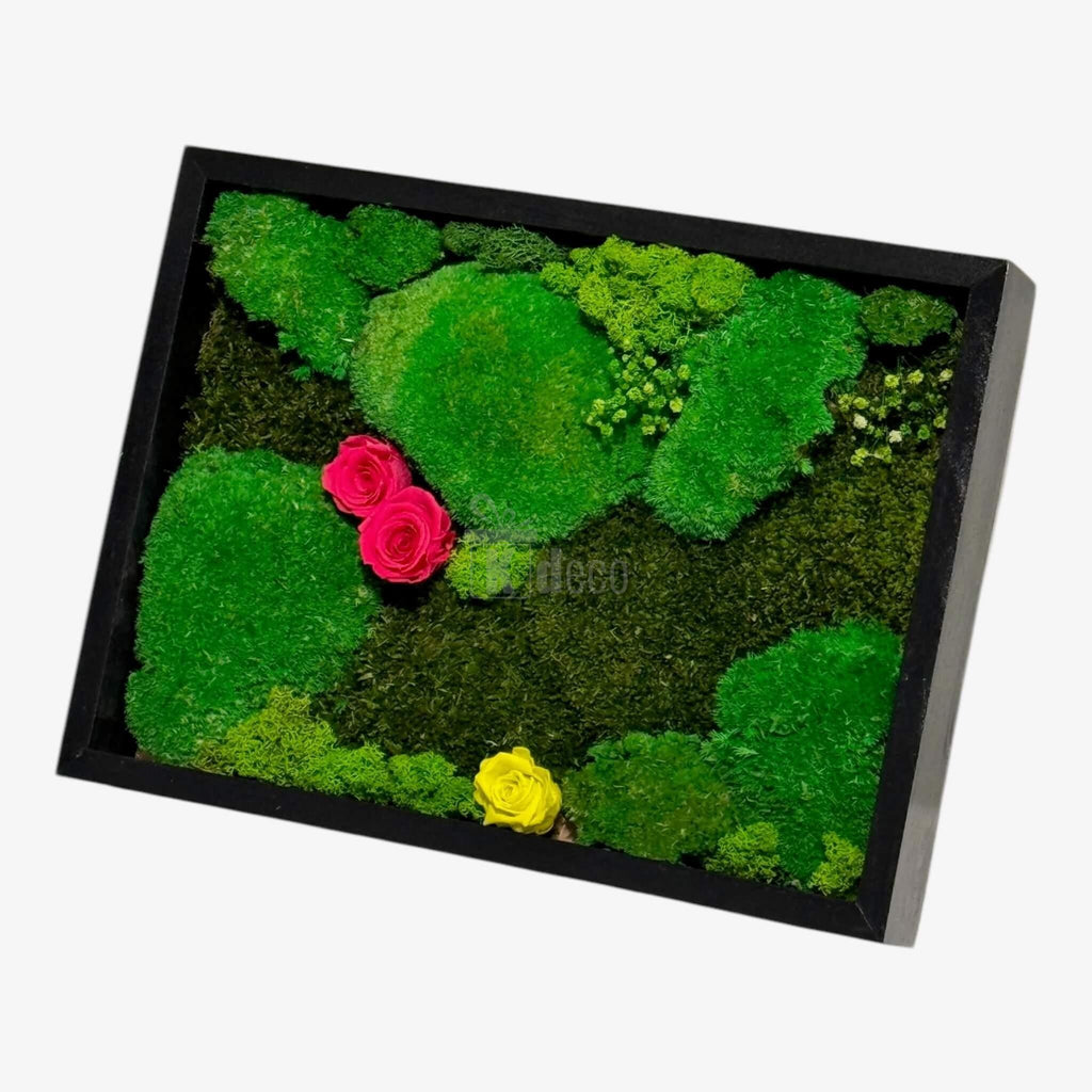 Decor eco de perete cu mușchi stabilizați și trandafiri criogenați, în format 30x40 cm, aduce armonie și natură în locuință.