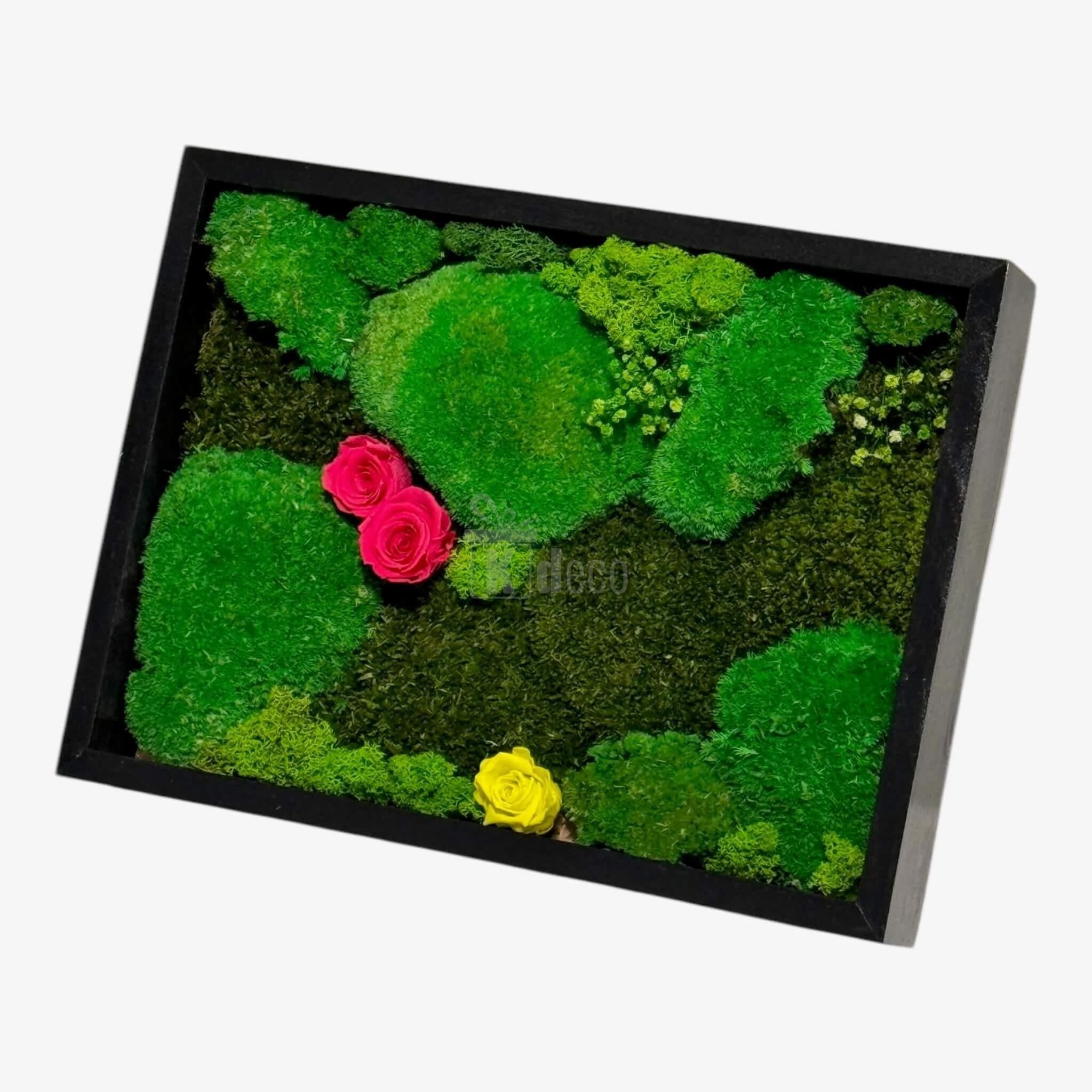 Decor eco de perete cu mușchi stabilizați și trandafiri criogenați, în format 30x40 cm, aduce armonie și natură în locuință.