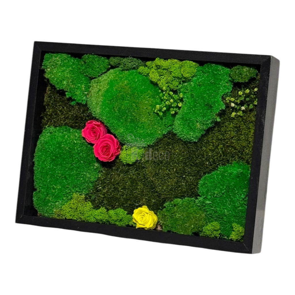 Decor natural vertical cu mușchi, licheni și trandafiri criogenați în ramă neagră, perfect pentru spații interioare elegante și naturale.