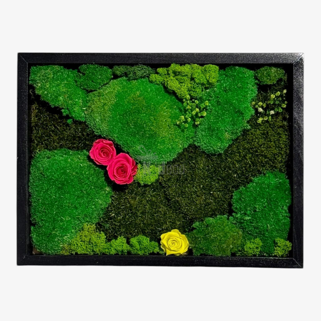 Tablou decorativ 30x40 cm cu mușchi și licheni verzi, completat de 3 trandafiri criogenați, pentru un plus de prospețime în decorul casei.