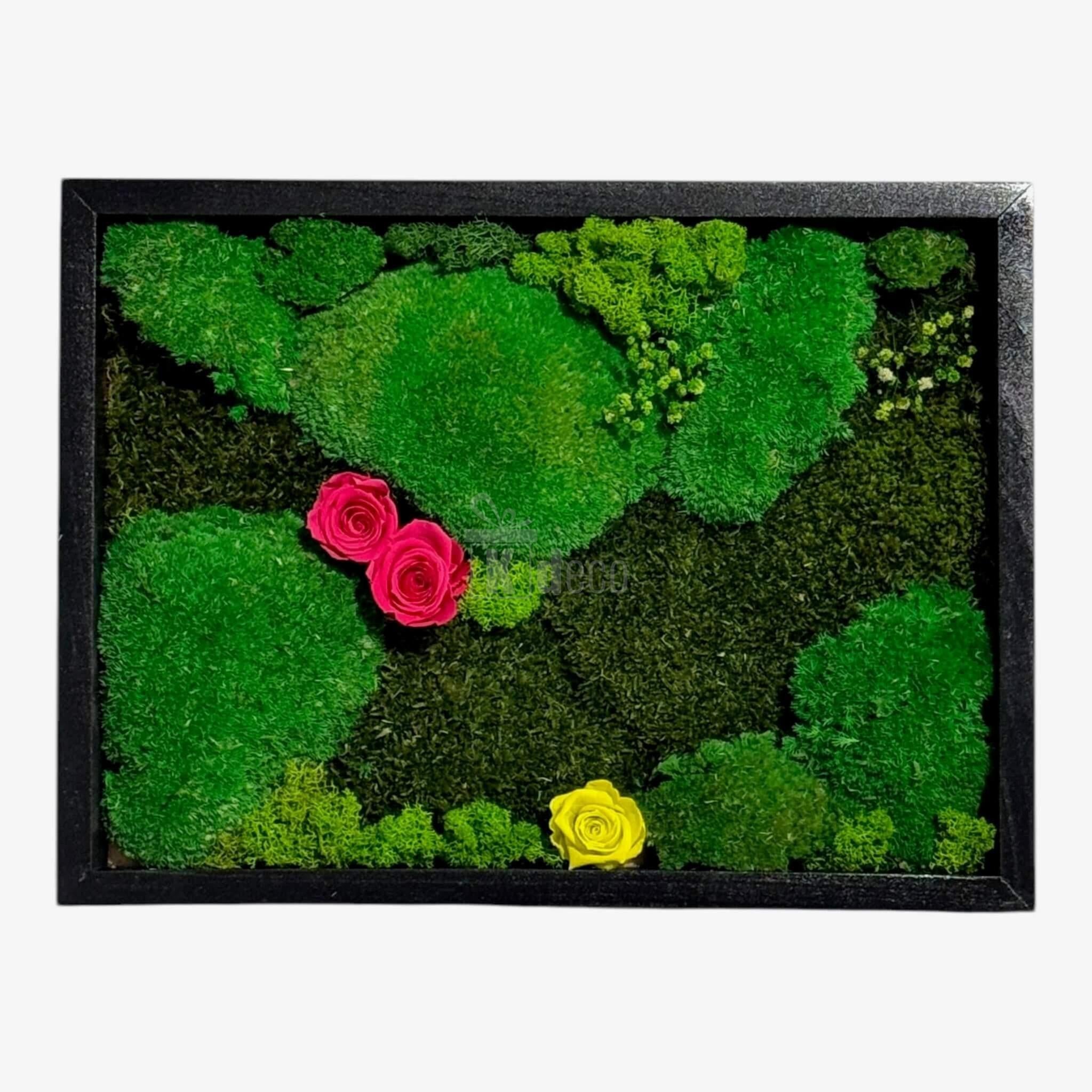 Decor de perete cu plante naturale stabilizate și trandafiri criogenați, în format 30x40 cm, ideal pentru un ambient relaxant și elegant.
