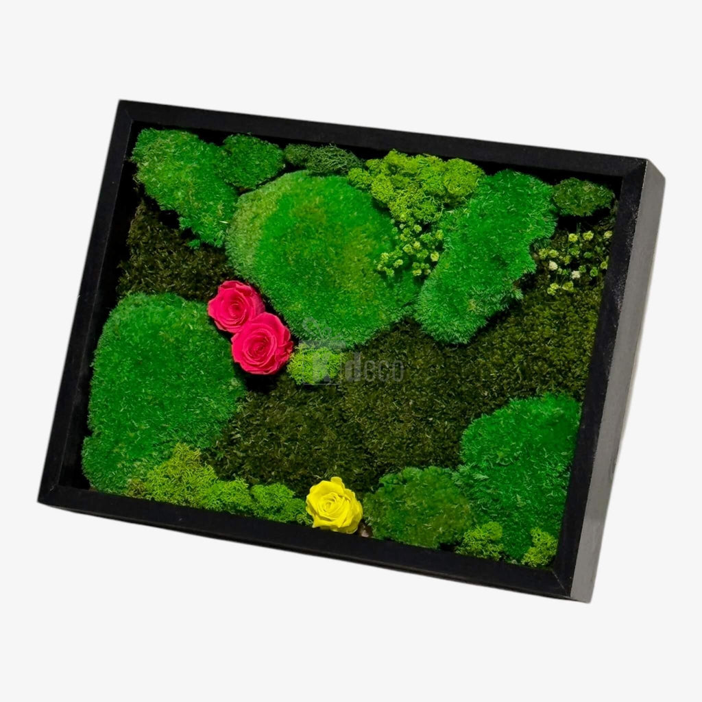 Tablou Natural cu mușchi și licheni verzi, decorat cu 3 trandafiri criogenați, perfect pentru decorarea pereților în stil biofilic.