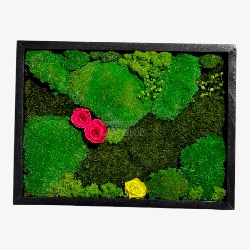 Tablou decorativ eco cu mușchi, licheni și trandafiri criogenați, dimensiune 30x40 cm, adaugă prospețime și culoare în orice spațiu.