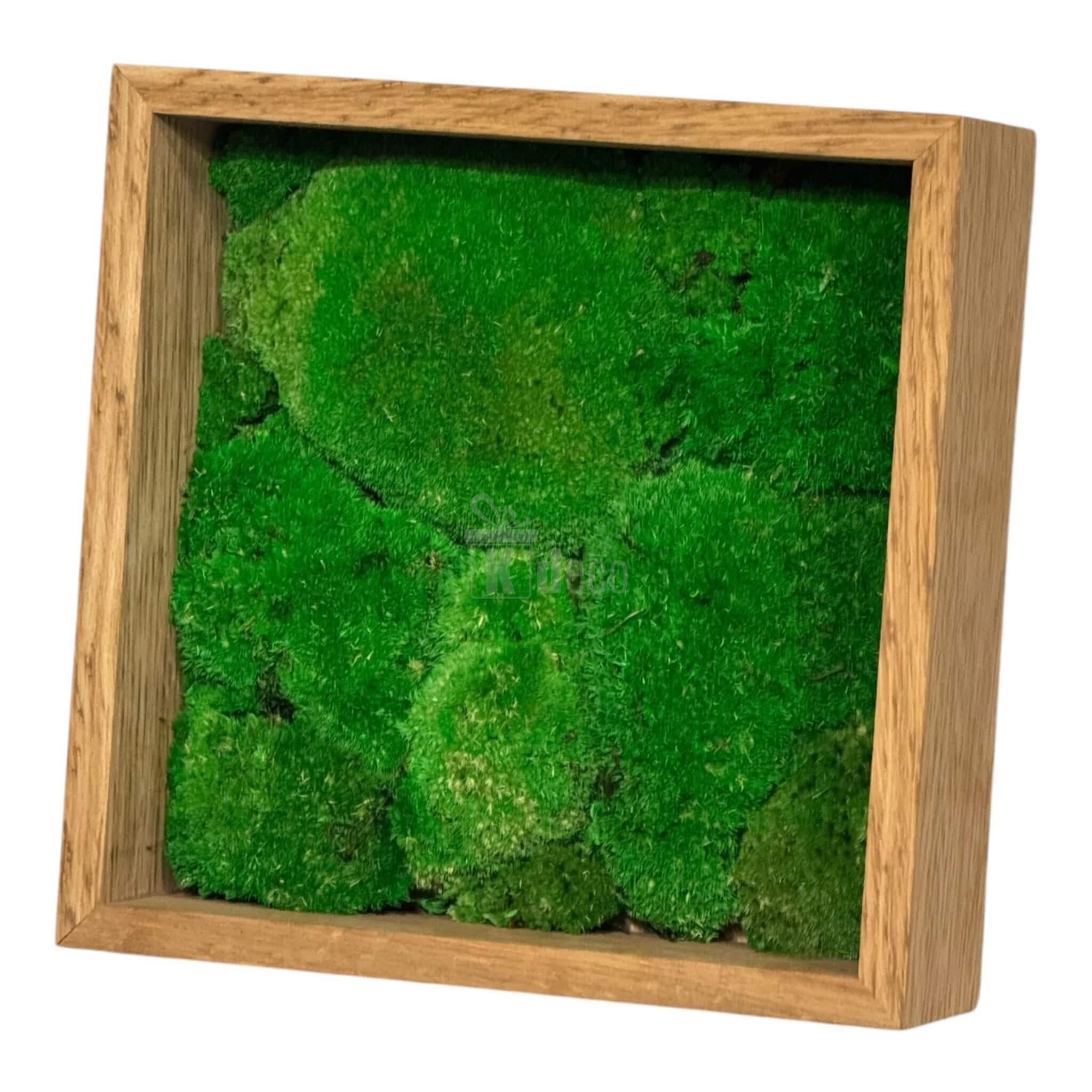 Tablou Natural cu Mușchi Stabilizat – Verde Viu, vedere oblică, ramă pătrată din lemn, decor eco-friendly fără întreținere.