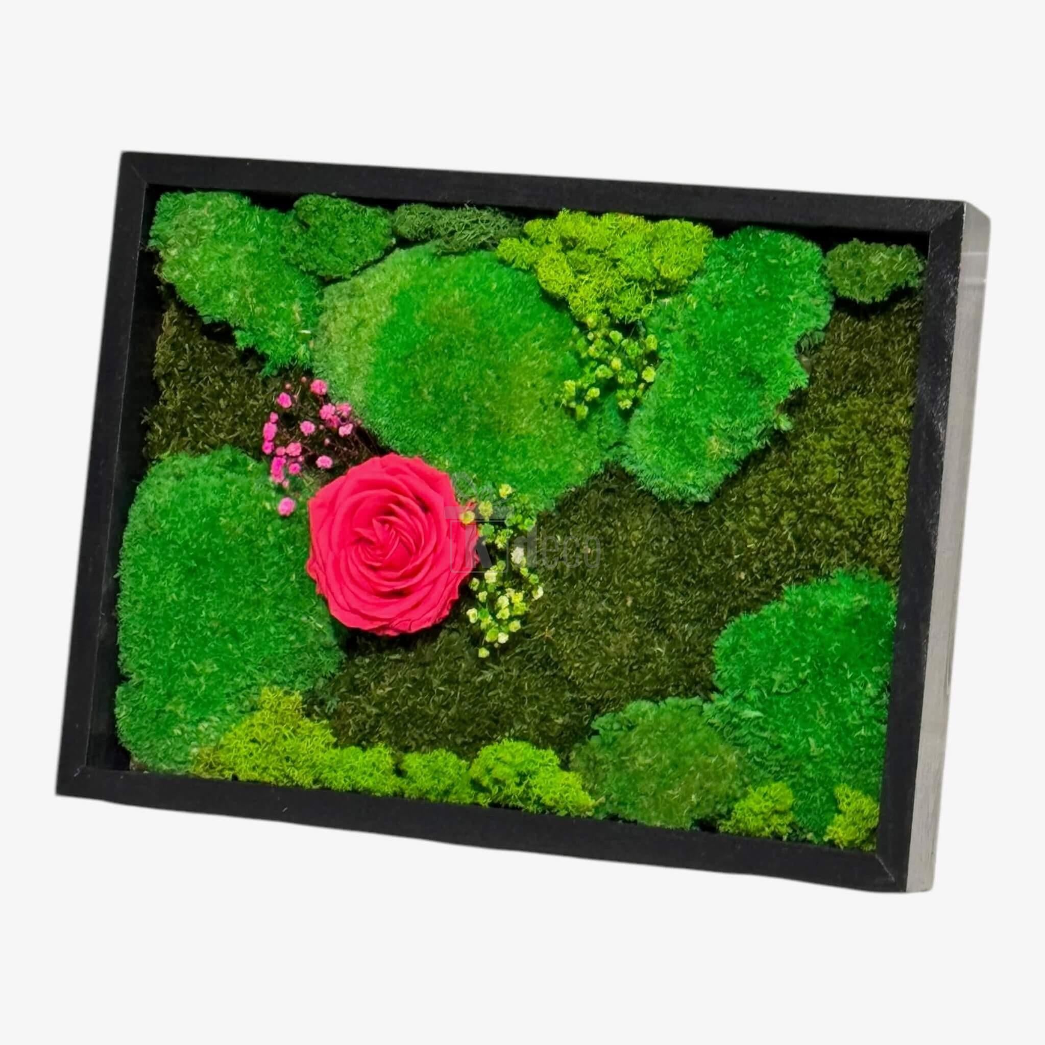 Tablou Natural cu Mușchi, Licheni și Trandafir Criogenat Roz ÎNCHIS – Eleganță și Natură, 30x40 cm - Kdeco.ro