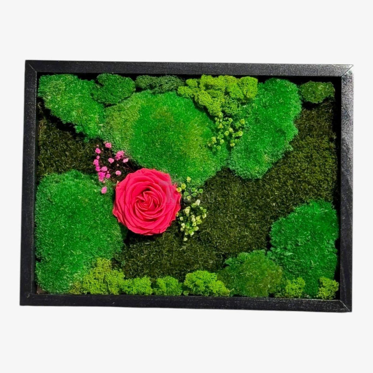 Tablou Natural cu Mușchi, Licheni și Trandafir Criogenat Roz ÎNCHIS – Eleganță și Natură, 30x40 cm - Kdeco.ro