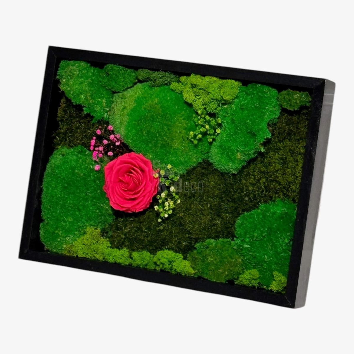 Tablou Natural cu Mușchi, Licheni și Trandafir Criogenat Roz ÎNCHIS – Eleganță și Natură, 30x40 cm - Kdeco.ro