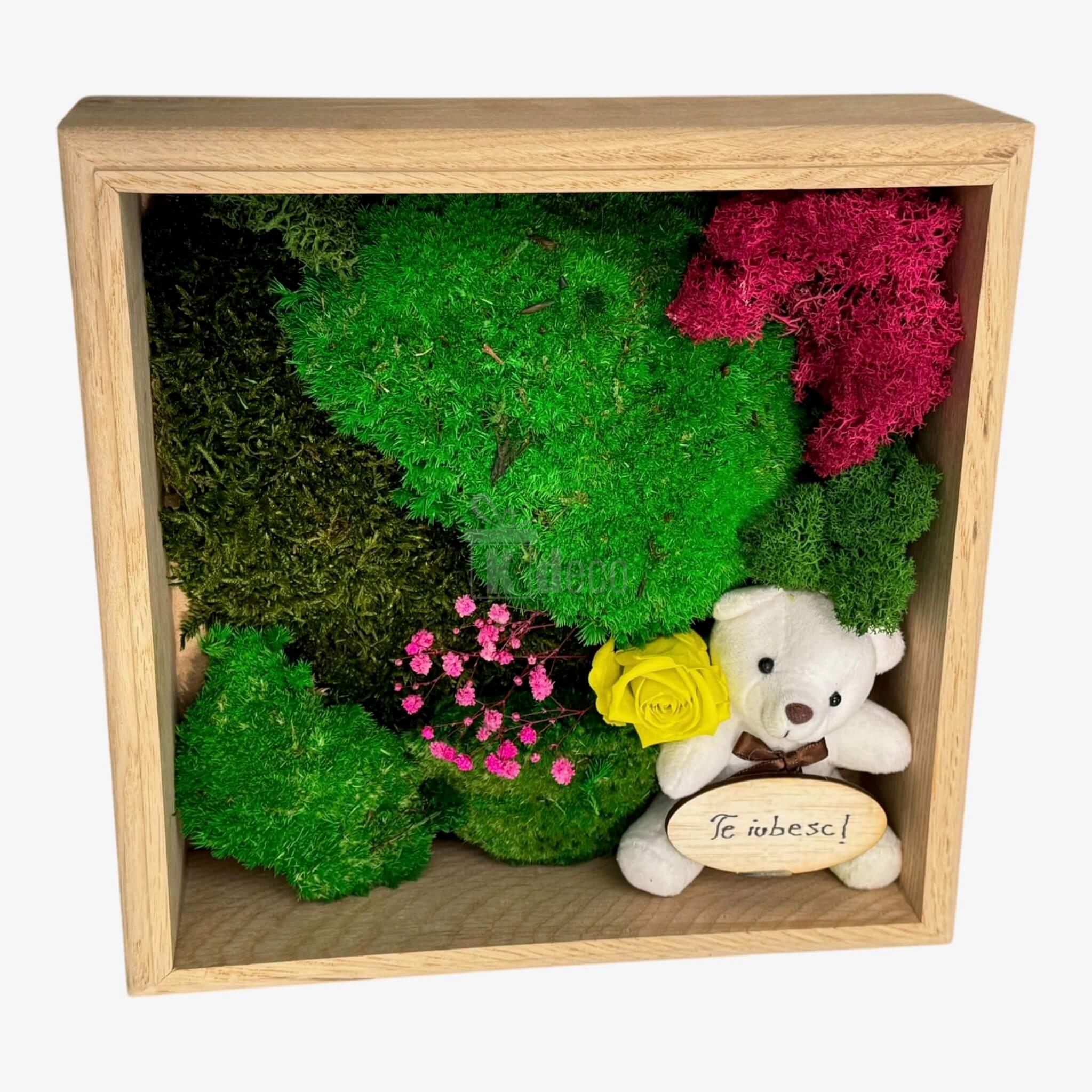 Tablou Natural cu ursuleț și trandafir criogenat galben, decor romantic 27x27cm pentru casă sau birou 💛