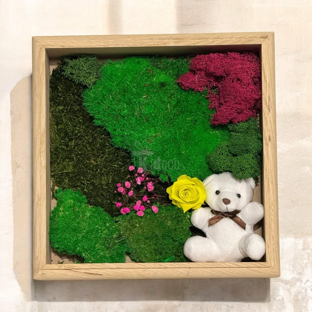 Tablou Natural cu trandafir criogenat galben și ursuleț, decor de perete 27x27cm pentru exprimarea iubirii 💛