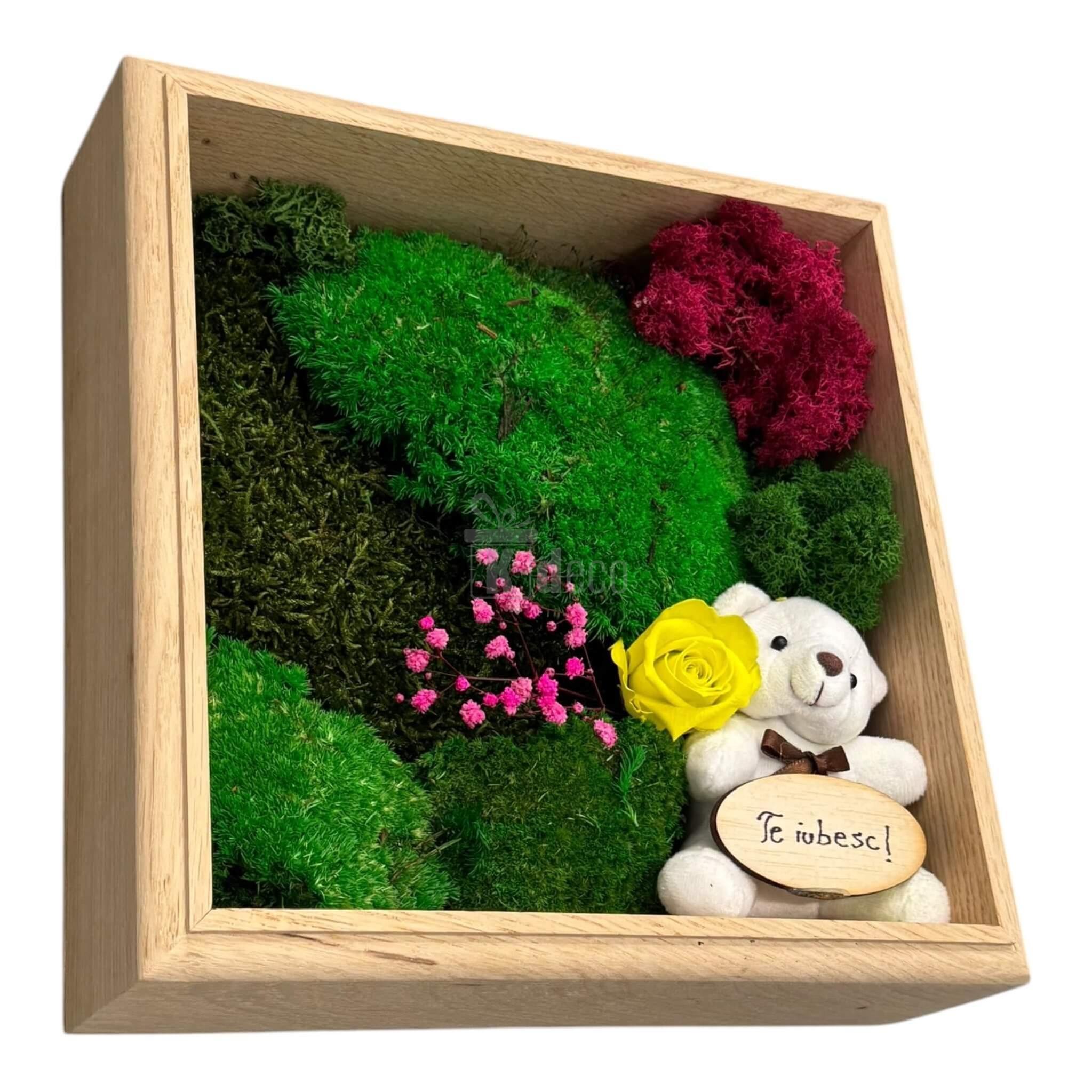 Decor romantic cu ursuleț, trandafir criogenat galben și mușchi stabilizat în ramă de lemn, Tablou Natural 27x27cm – O Declarație de Dragoste Unică 💛