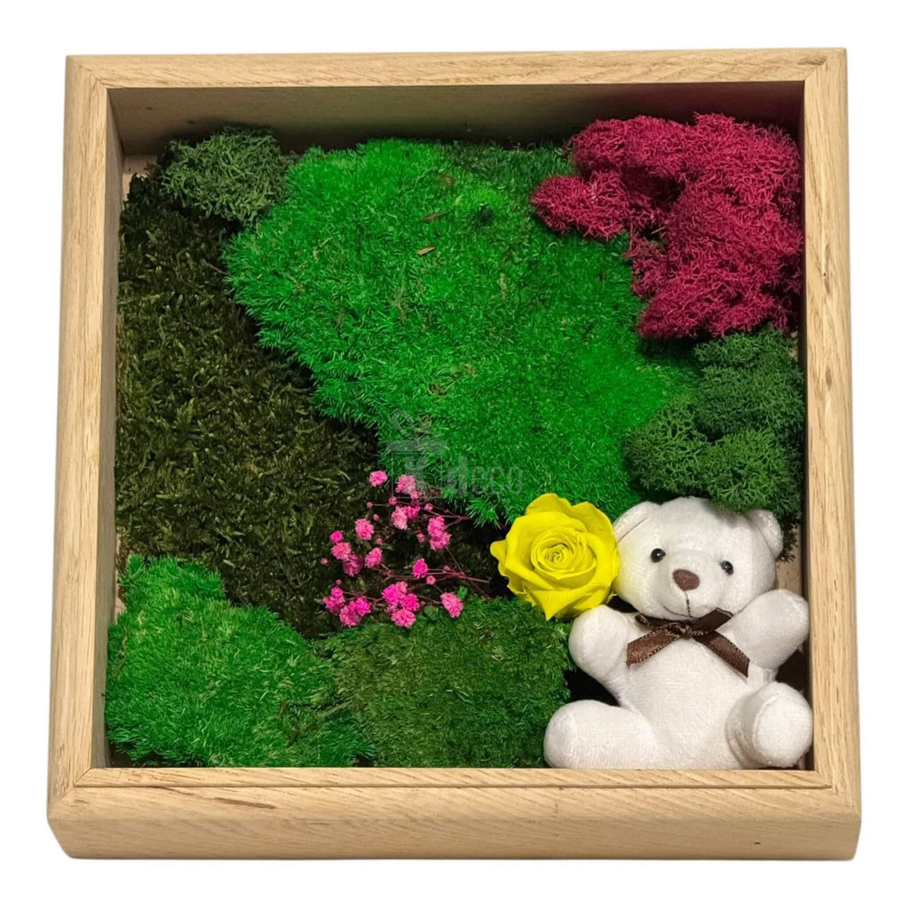 Tablou decorativ cu mușchi verde, licheni colorați și ursuleț de pluș, perfect pentru cadouri speciale – Tablou Natural 27x27cm 💛