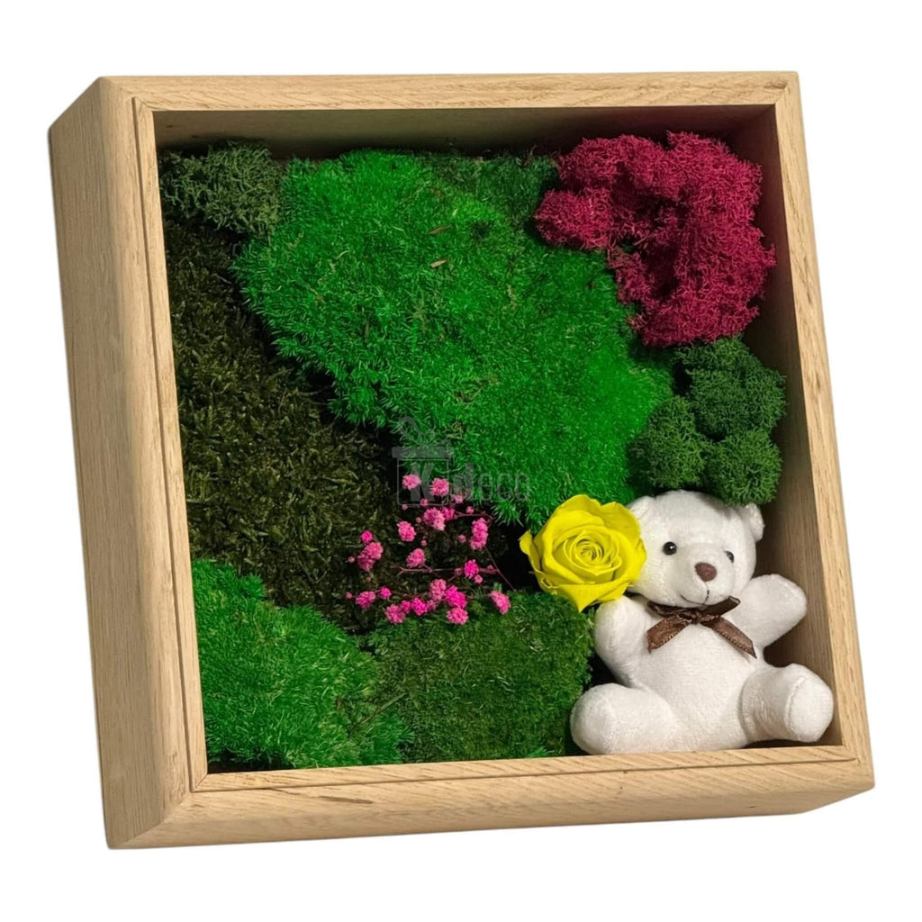 Cadou romantic cu trandafir criogenat și ursuleț în ramă din lemn, Tablou Natural 27x27cm pentru decor interior 💛