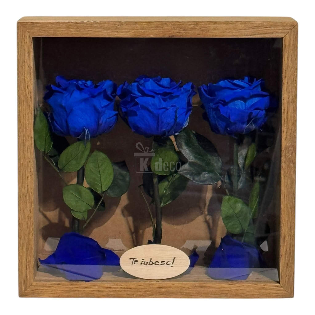 Tablou elegant cu flori criogenate albastre și mesaj de dragoste, decor personalizat 27x27 cm pentru casă sau birou.