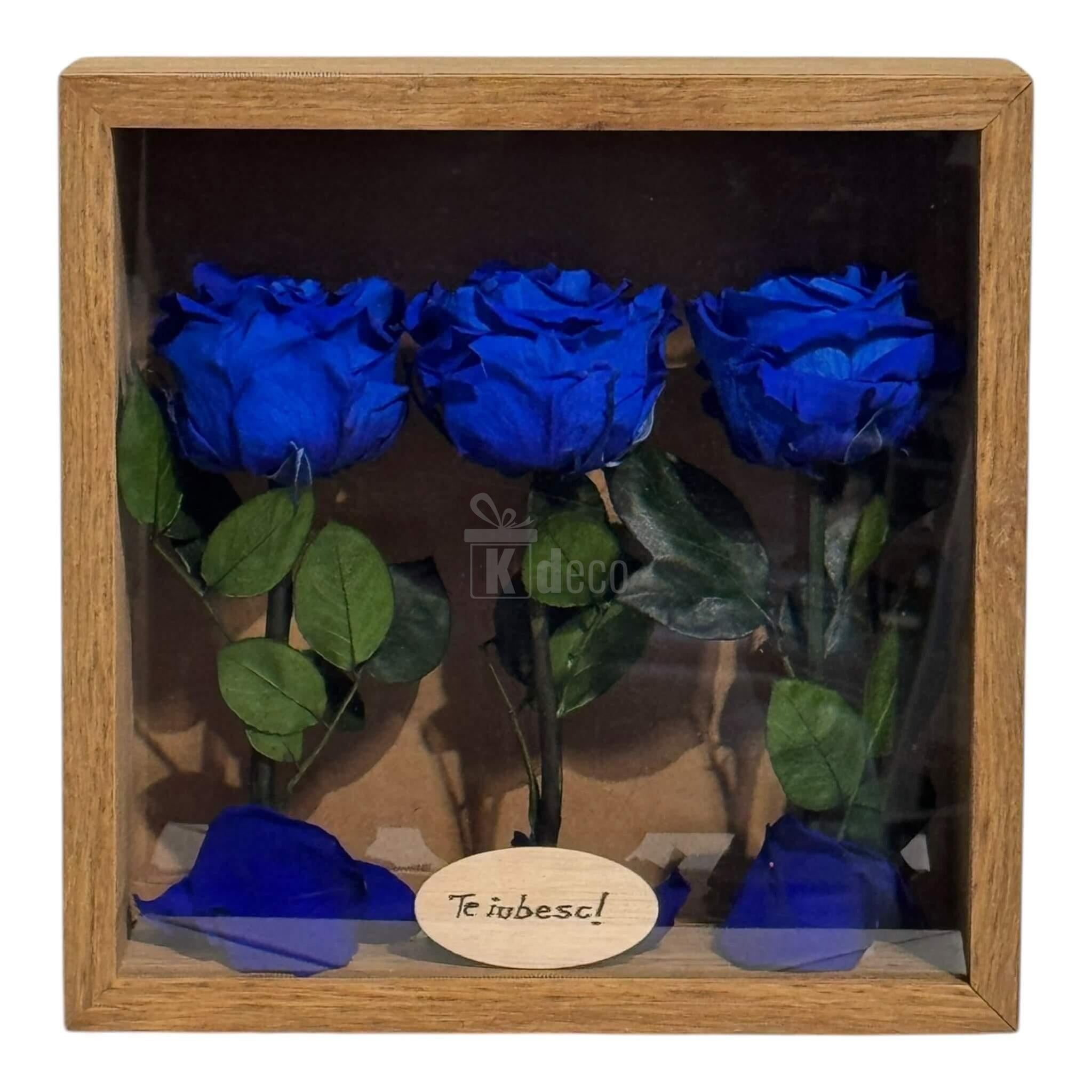 Tablou elegant cu flori criogenate albastre și mesaj de dragoste, decor personalizat 27x27 cm pentru casă sau birou.