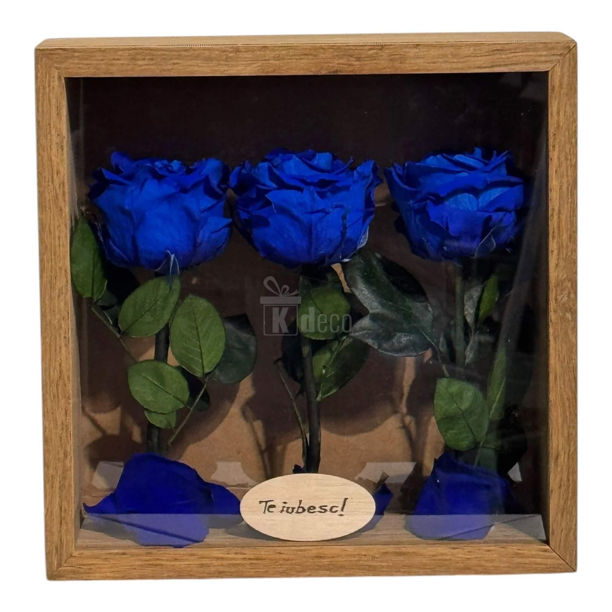 Tablou decorativ cu trandafiri albaștri criogenați și mesaj romantic, ideal pentru decor interior și cadouri personalizate.