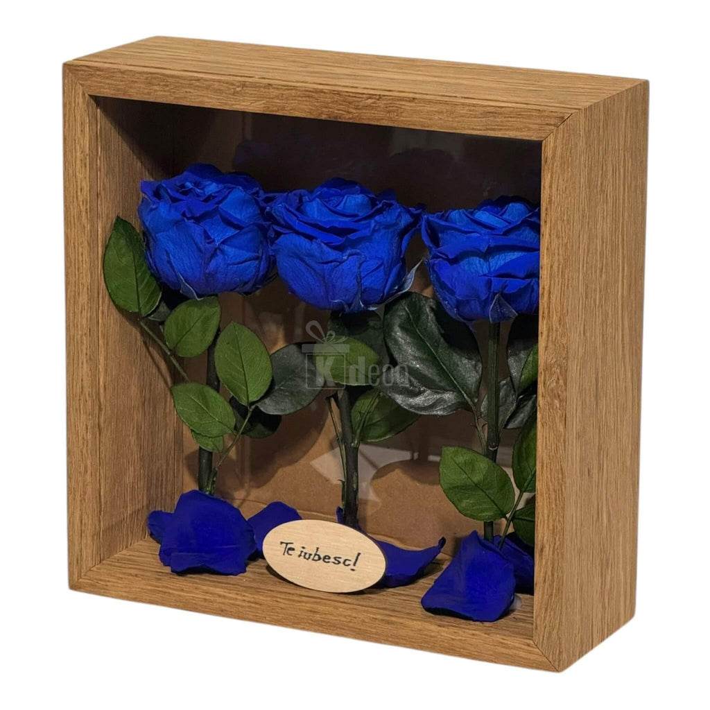 Decor elegant pentru casă, tablou cu 3 trandafiri criogenați albaștri și mesaj 'Te iubesc', ideal pentru cadouri personalizate de suflet.
