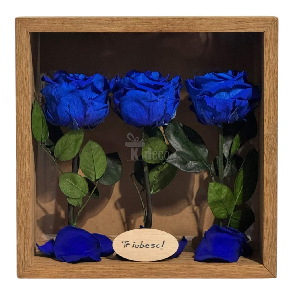 Tablou decorativ 27x27 cm cu 3 trandafiri criogenați albaștri și mesaj special, perfect pentru ocazii romantice și aniversări.