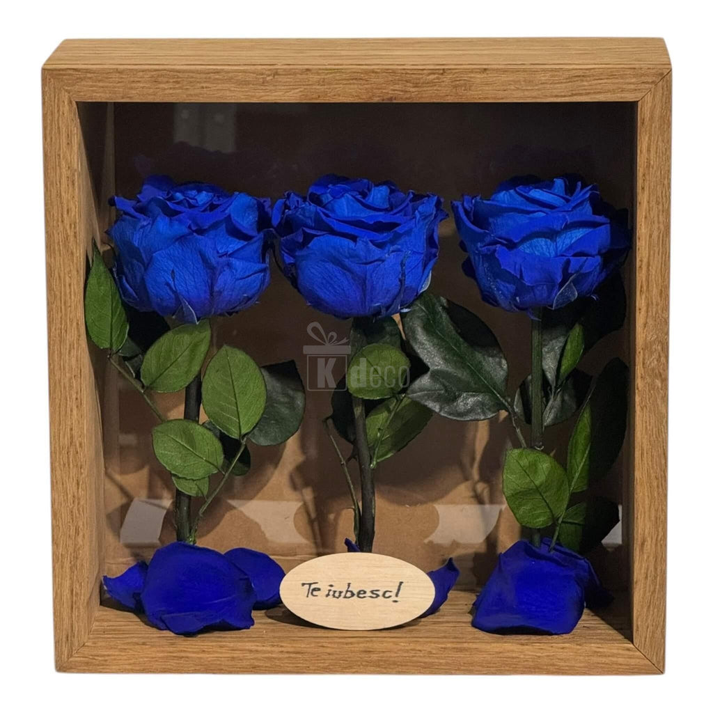 Tablou cu trandafiri criogenați albaștri și mesaj romantic, decor de perete 27x27 cm pentru momente speciale și iubire eternă.